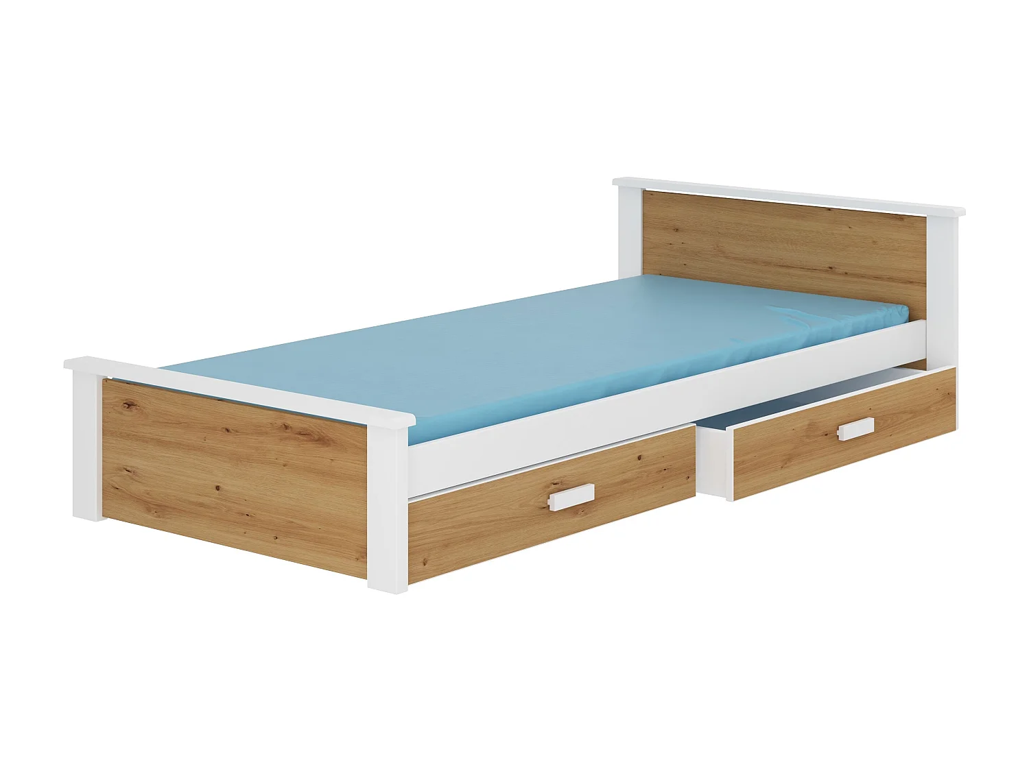 Lit enfant bois pin blanc et bois artisan 90x200 avec 2 tiroirs de rangement Lydia