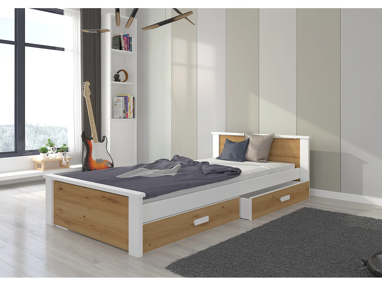 Lit enfant bois pin blanc et bois artisan 90x200 avec 2 tiroirs de rangement Lydia