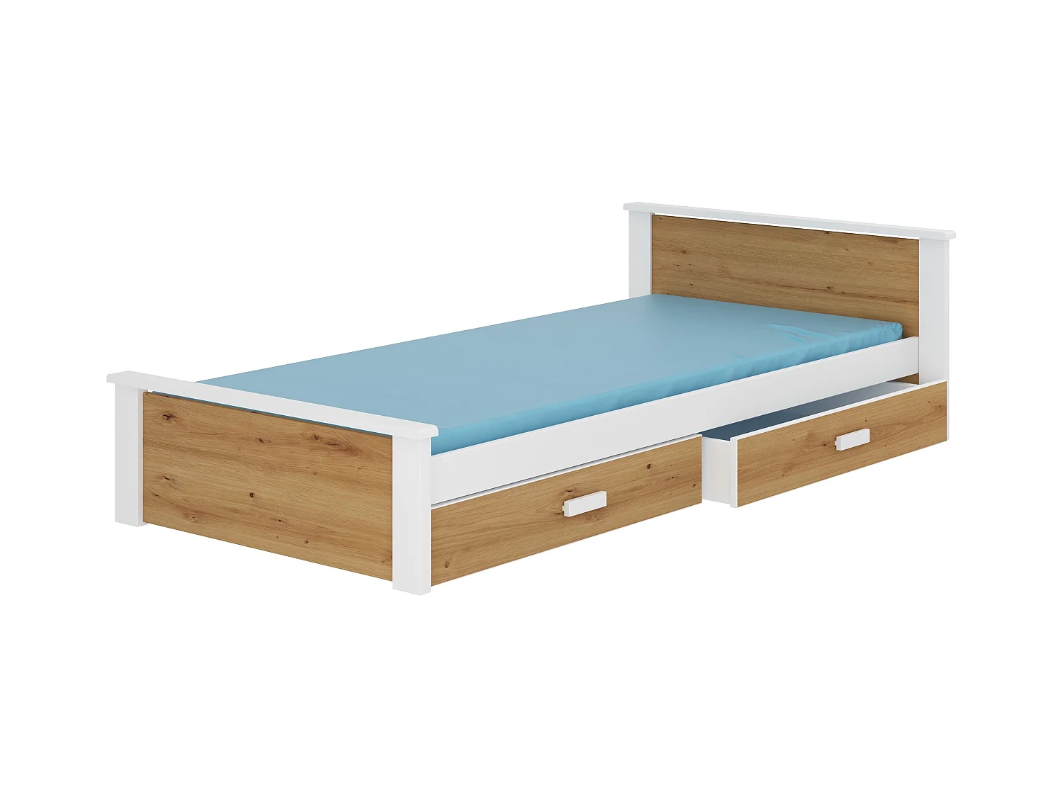Lit enfant bois pin blanc et bois artisan 90x200 avec 2 tiroirs de rangement Lydia