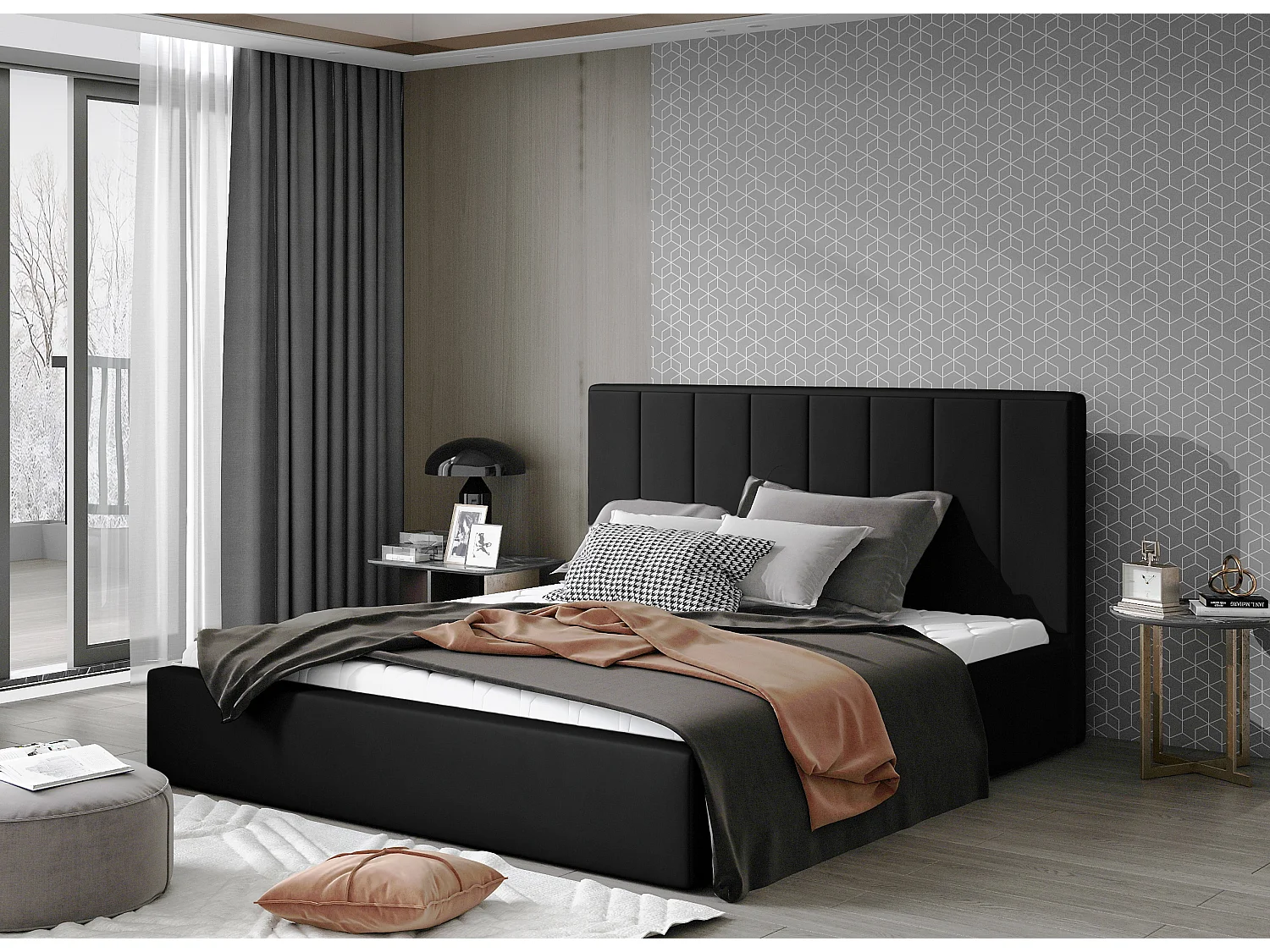 Lit rembourré de luxe cuir synthétique Vareze-Couleur Noir-200x200-Version avec sommier