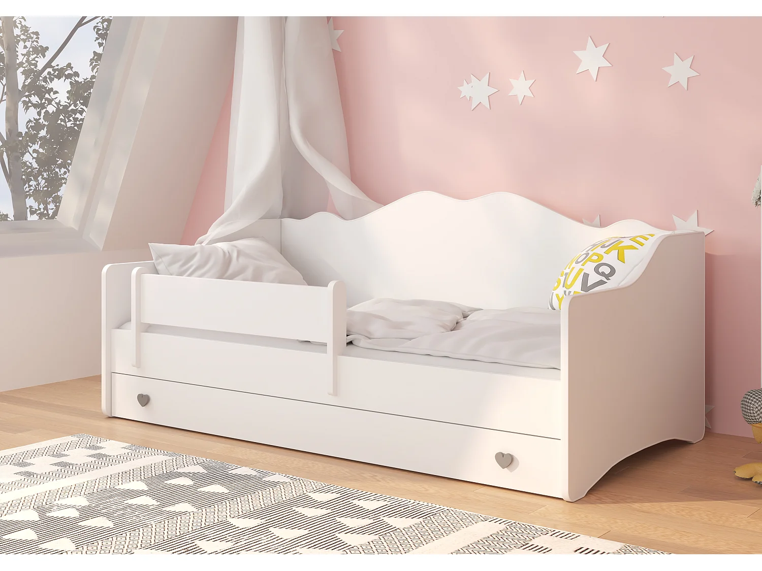 Lit enfant avec tiroirs de rangement bois blanc 80x160 petit coeur gris Belly