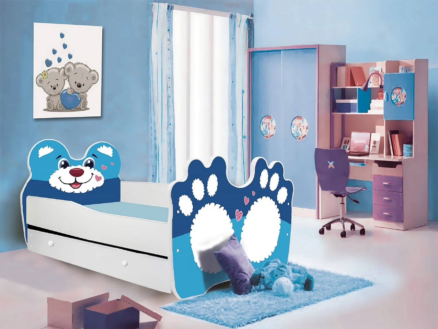 Lit enfant avec motif petit lion bleu 70x140 ou 80x160 - Matelas inclus - Tiroir de rangement-70x140