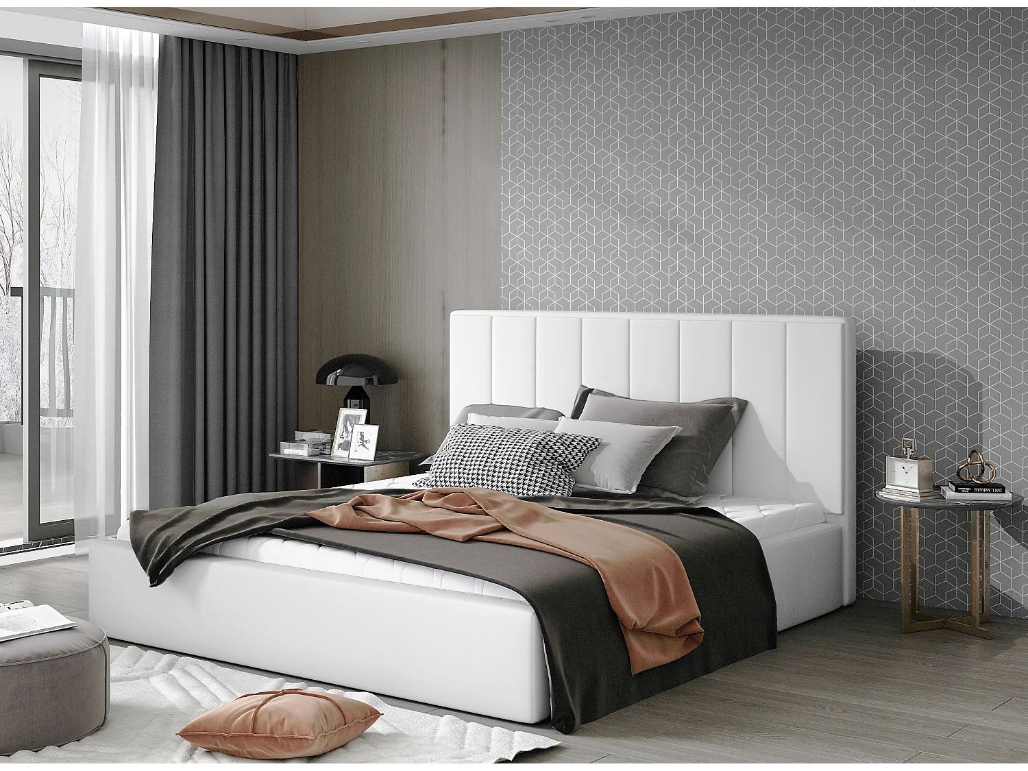 Lit adulte avec coffre de rangement Vareza – Simili cuir matelassé-Blanc-160x200