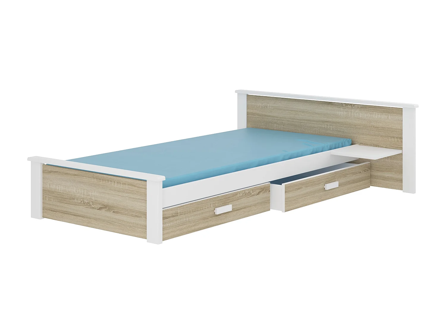 Lit bois pin blanc et bois sonoma 90x200 avec 1 chevet et 2 tiroirs de rangement Lydia