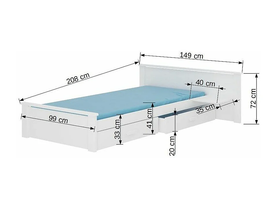 Lit bois pin blanc et bois sonoma 90x200 avec 1 chevet et 2 tiroirs de rangement Lydia