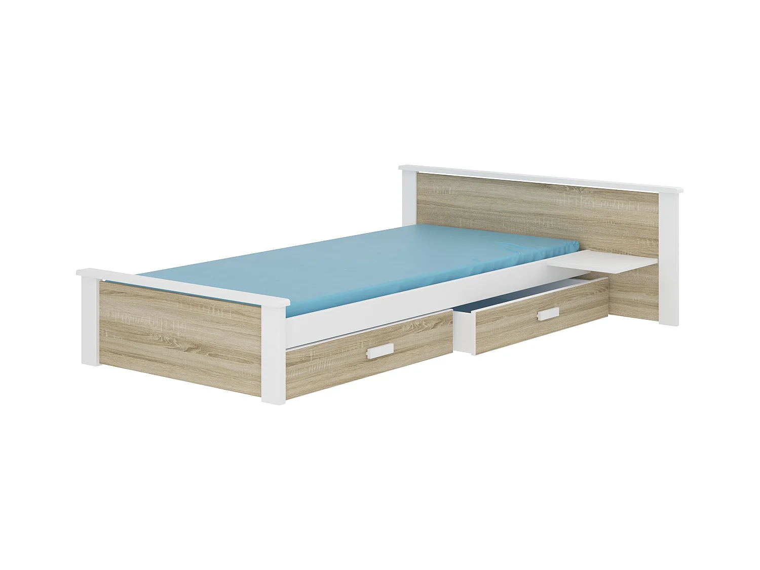 Lit bois pin blanc et bois sonoma 90x200 avec 1 chevet et 2 tiroirs de rangement Lydia