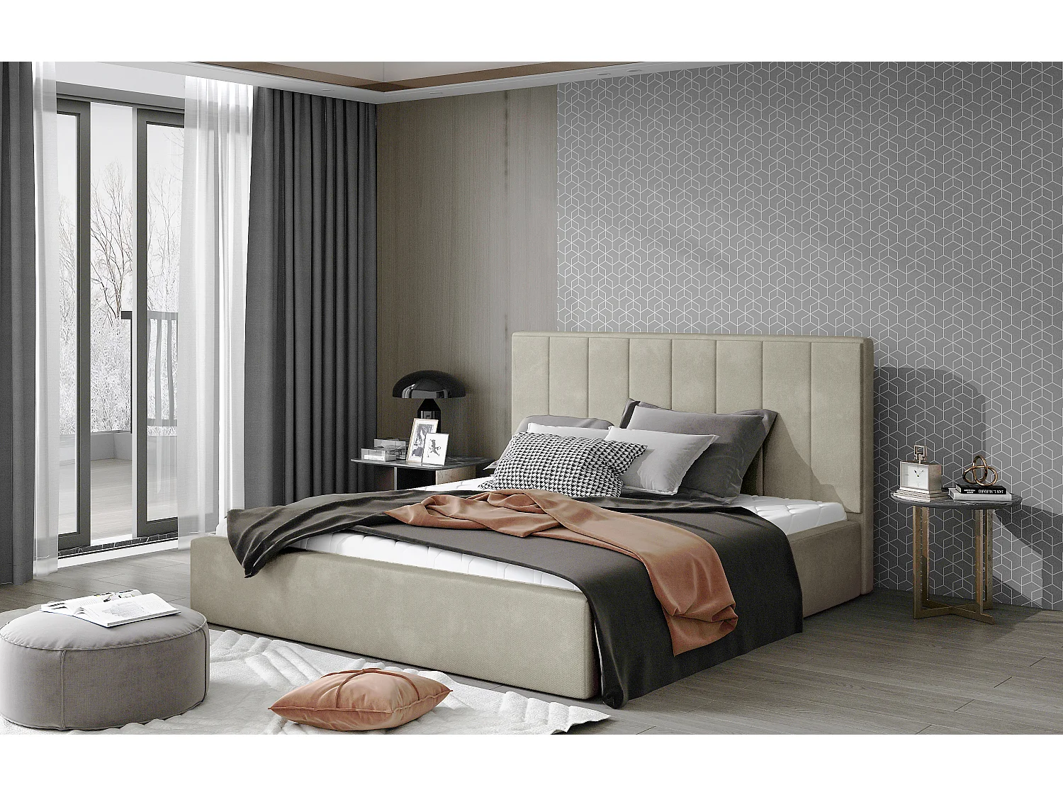 Lit adulte avec coffre de rangement Vareza – Velours matelassé-Beige-200x200