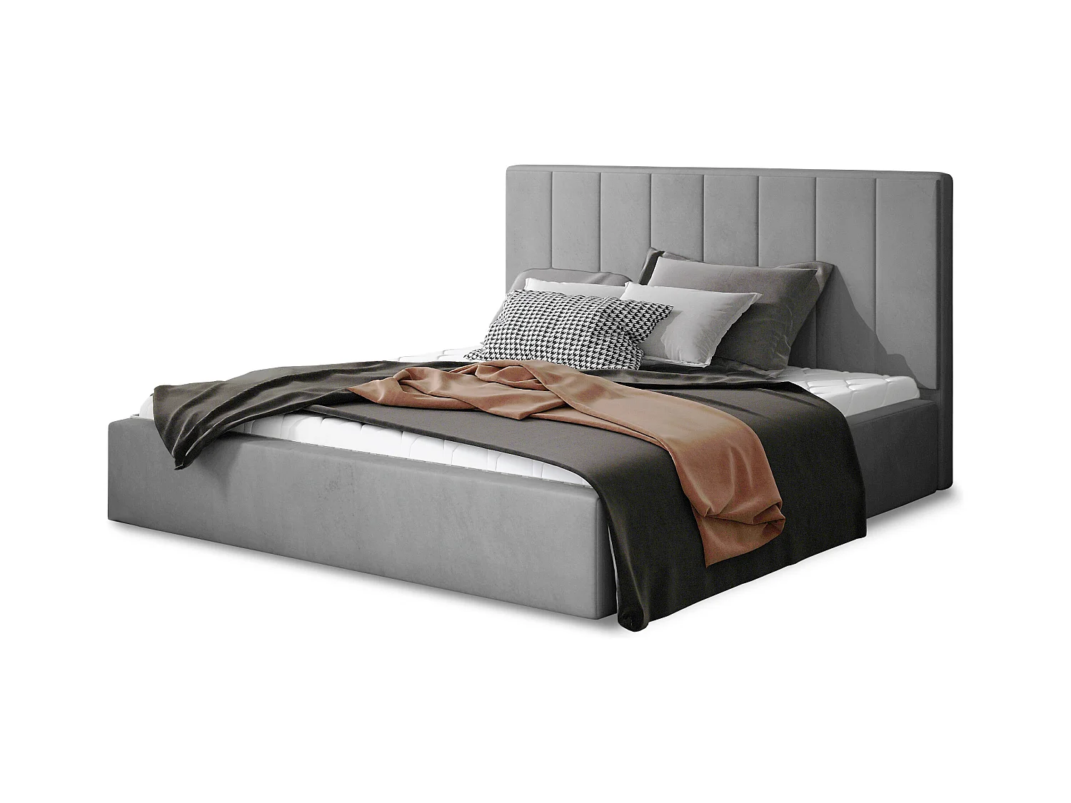 Lit adulte avec coffre de rangement Vareza – Velours matelassé-Gris-160x200