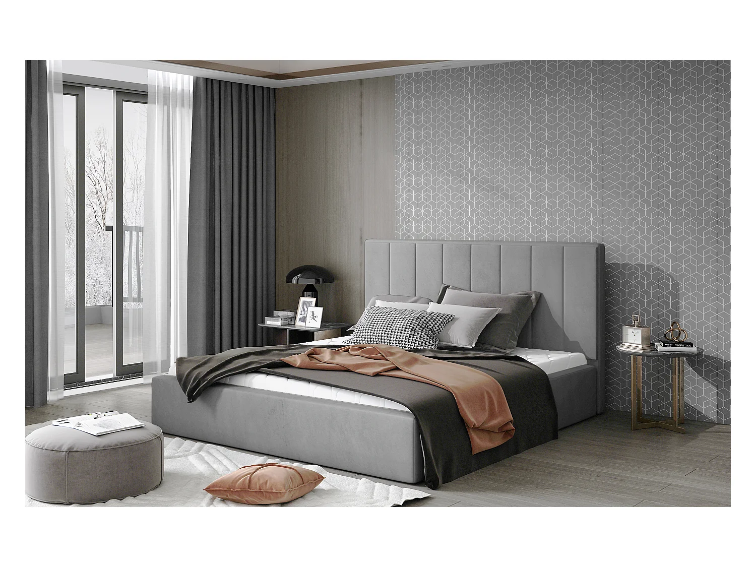 Lit adulte avec coffre de rangement Vareza – Velours matelassé-Gris-160x200