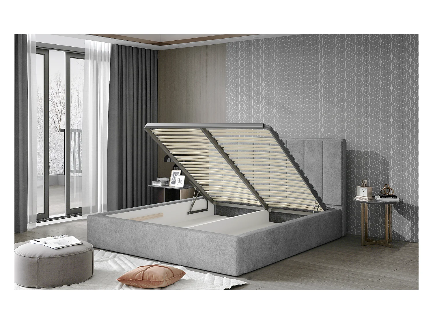 Lit adulte avec coffre de rangement Vareza – Velours matelassé-Gris-160x200