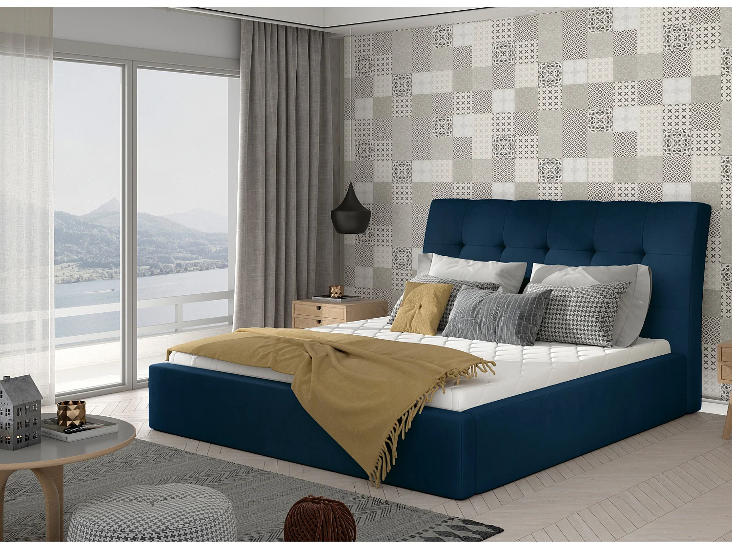 Klein donkerblauw fluwelen gestoffeerd tweepersoonsbed - 4 maten-Slapen 180x200cm