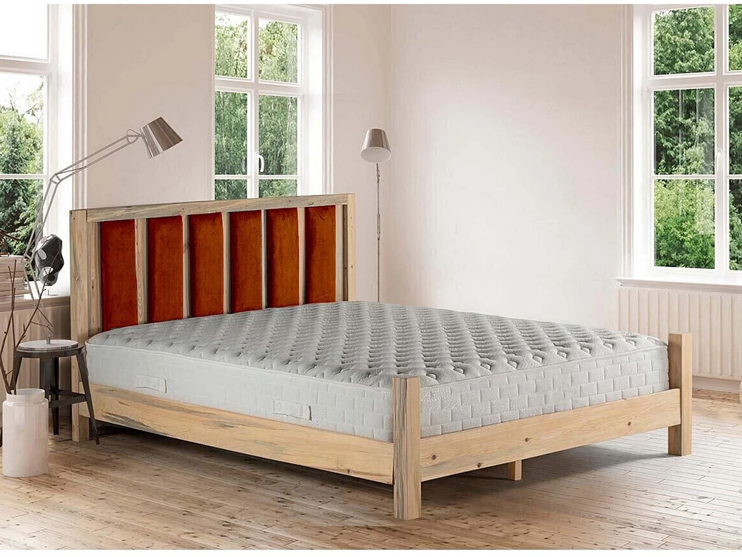 Lit en bois massif clair avec tête de lit tissu doux Mirenda - 7 tailles-Couleur Orange-100x200