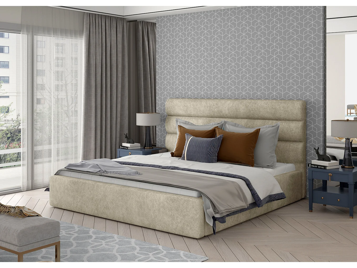 Lit design tissu beige clair Klarina - 4 tailles-140x200