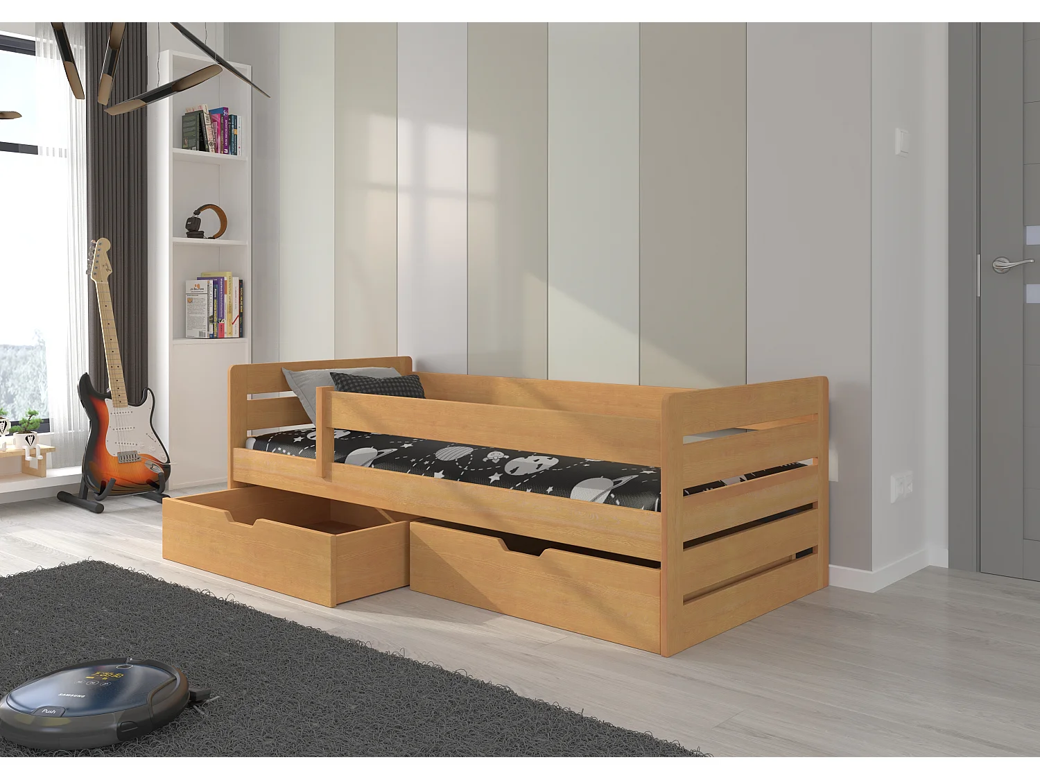 Lit enfant bois pin meil 90x200 avec 2 tiroirs de rangement Kiko