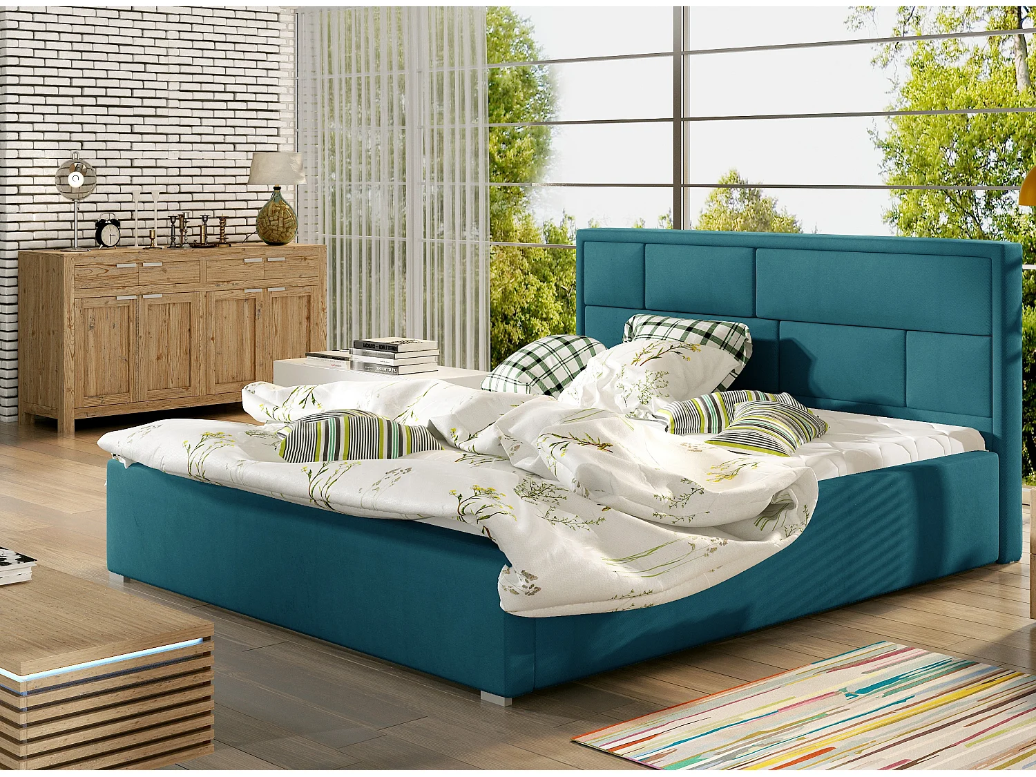 Lit double velours bleu canard tête de lit capitonnée Lenzo - 4 tailles-200x200