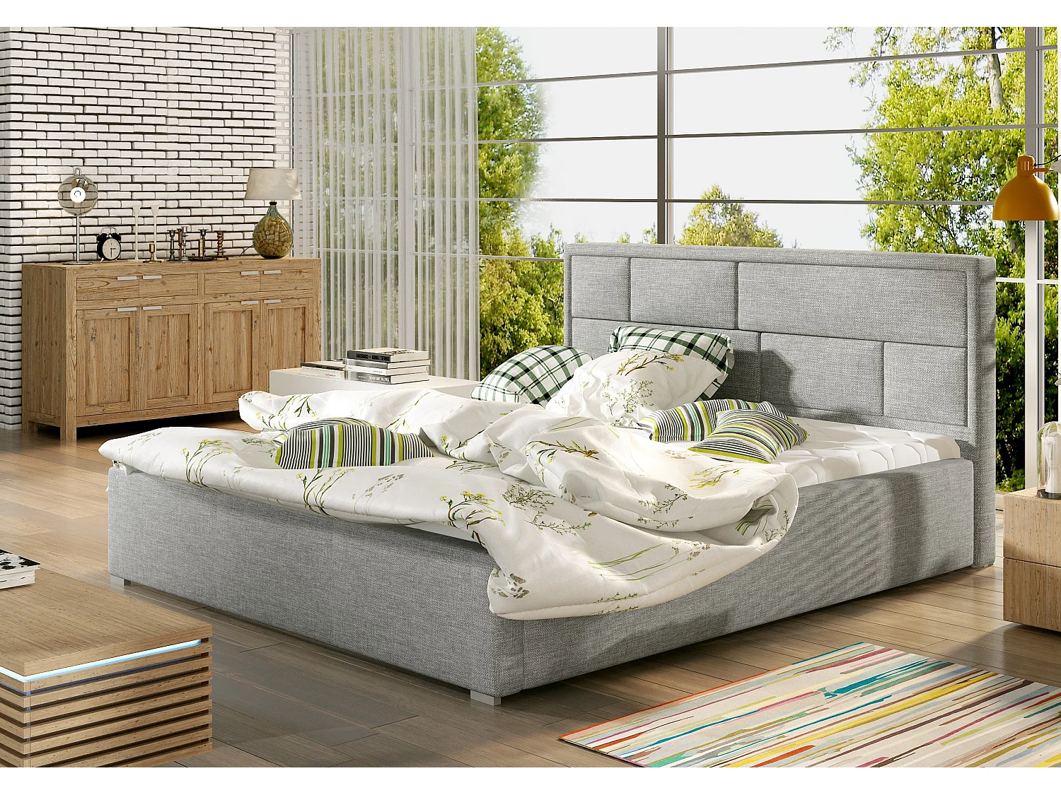 Lit double tissu gris clair tête de lit capitonnée Lenzo - 4 tailles-180x200