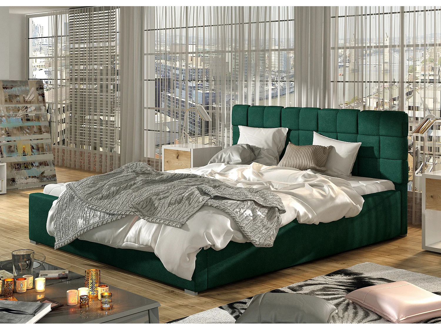 Lit moderne 200x200 capitonné velours vert Kandy