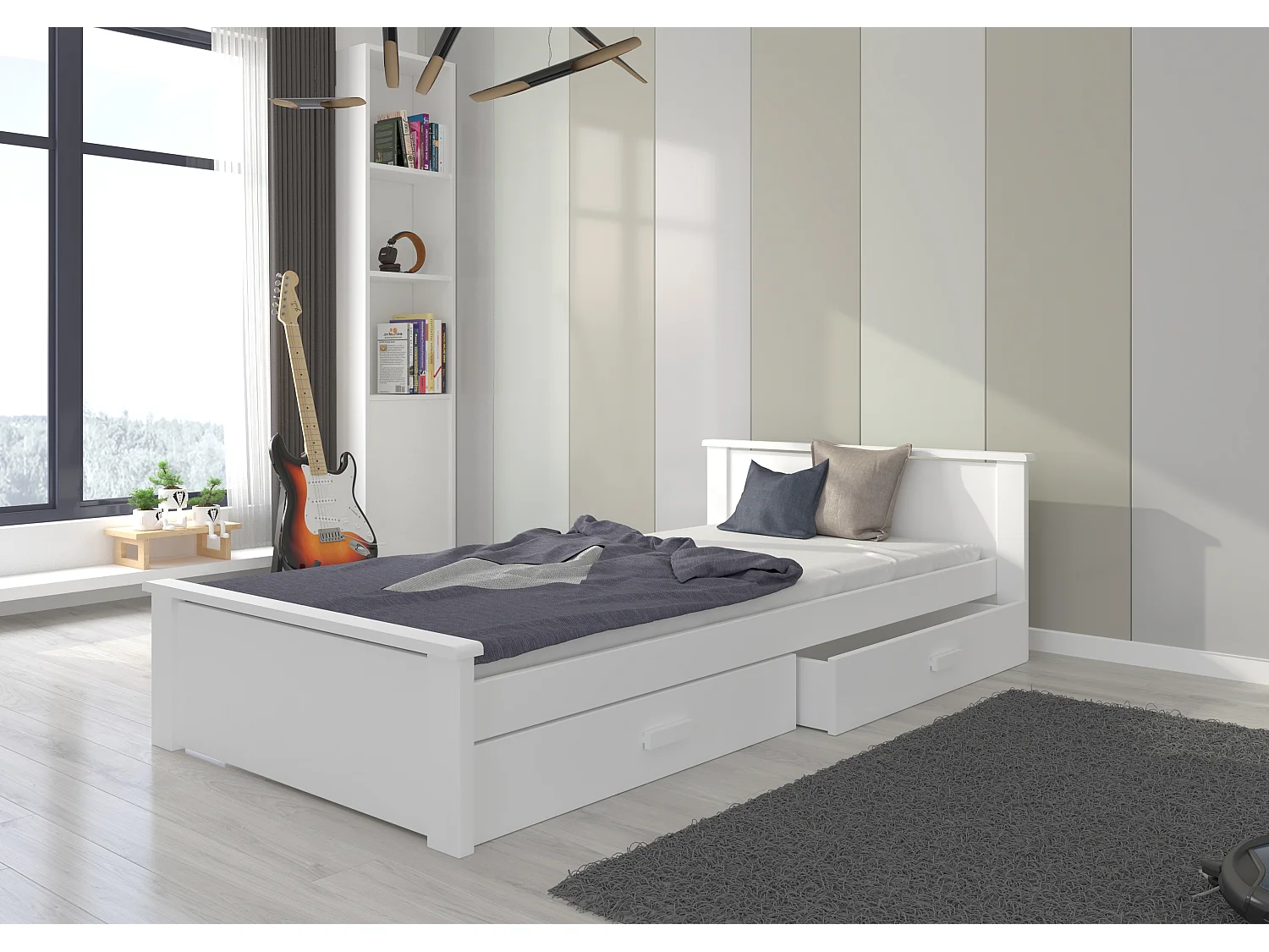 Lit enfant bois pin blanc 90x200 avec 2 tiroirs de rangement Lydia