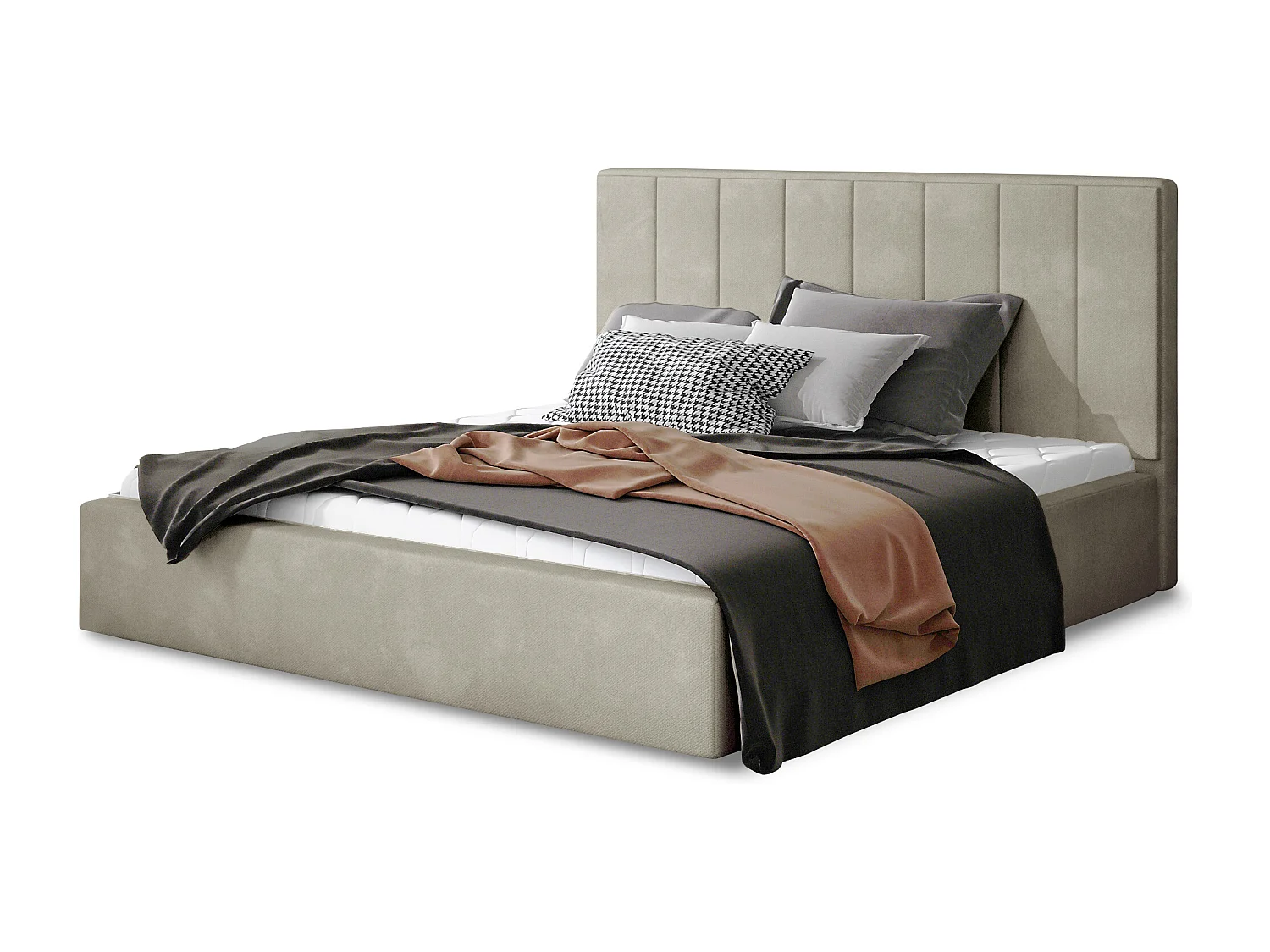 Lit adulte avec coffre de rangement Vareza – Velours matelassé-Beige-180x200