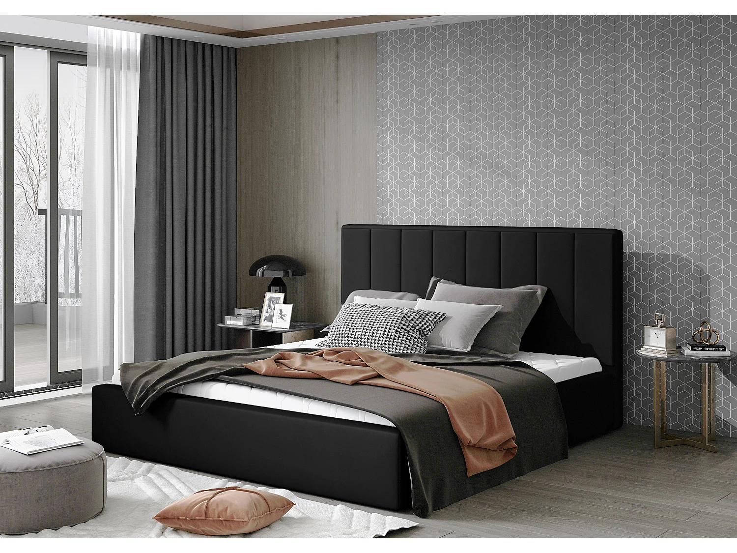 Lit rembourré de luxe cuir synthétique Vareze-Couleur Noir-160x200-Version avec sommier