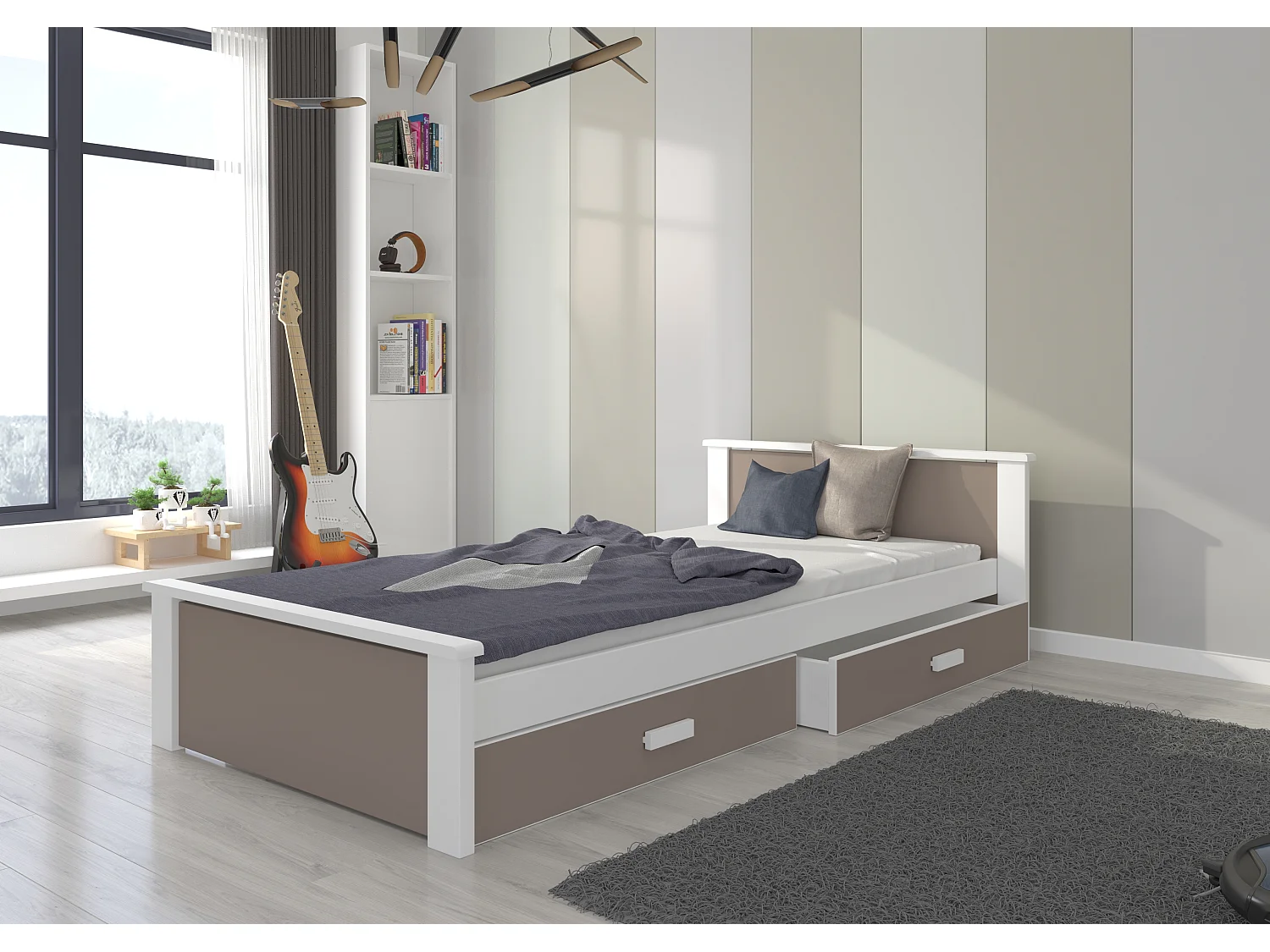 Lit enfant bois pin blanc et bois taupe 90x200 avec 2 tiroirs de rangement Lydia