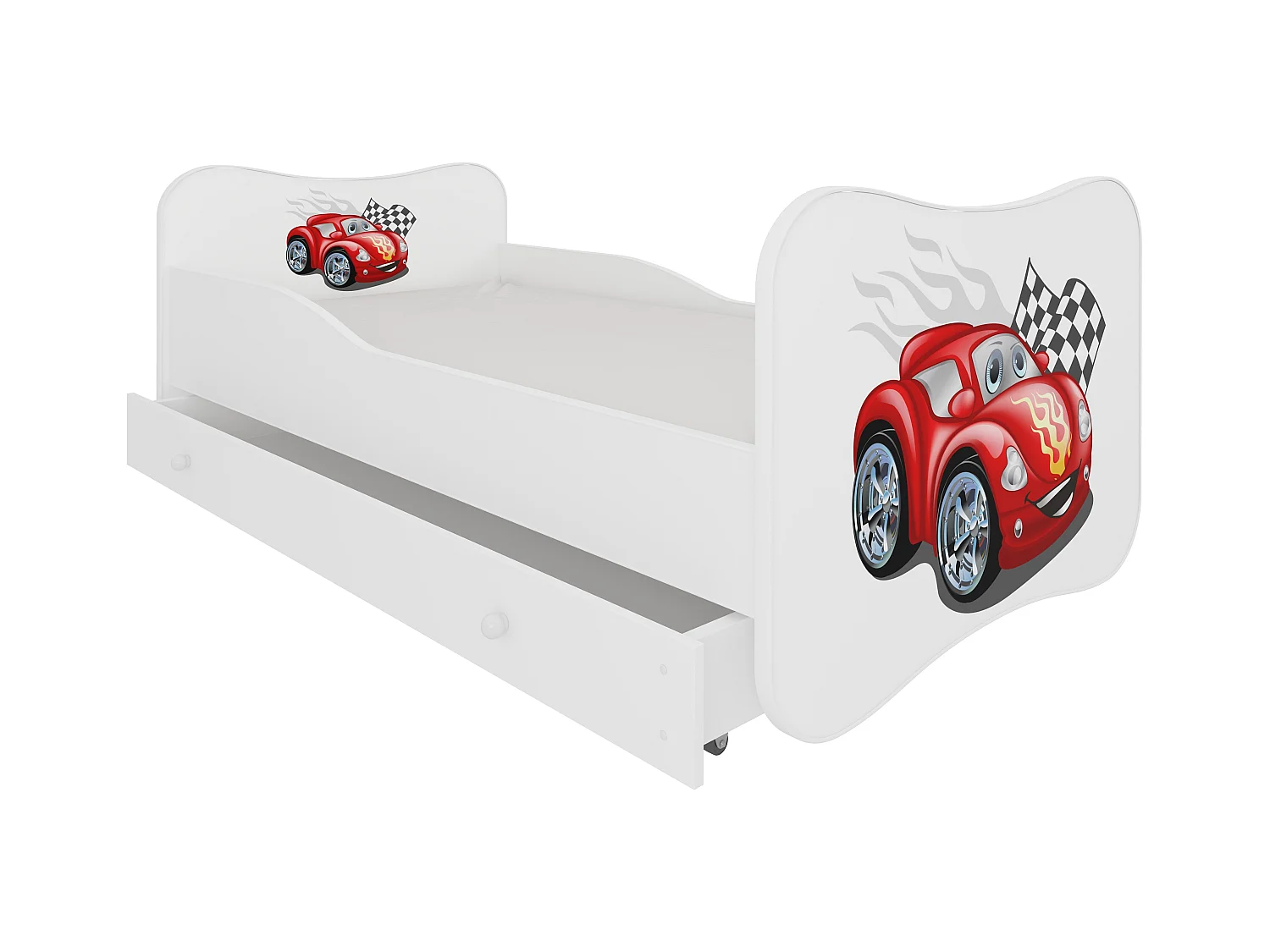 Lit enfant bois blanc à tiroirs avec imprimé voiture Cars 70x140 ou 80x160 - Sommier et matelas inclus - Ondula-70x140