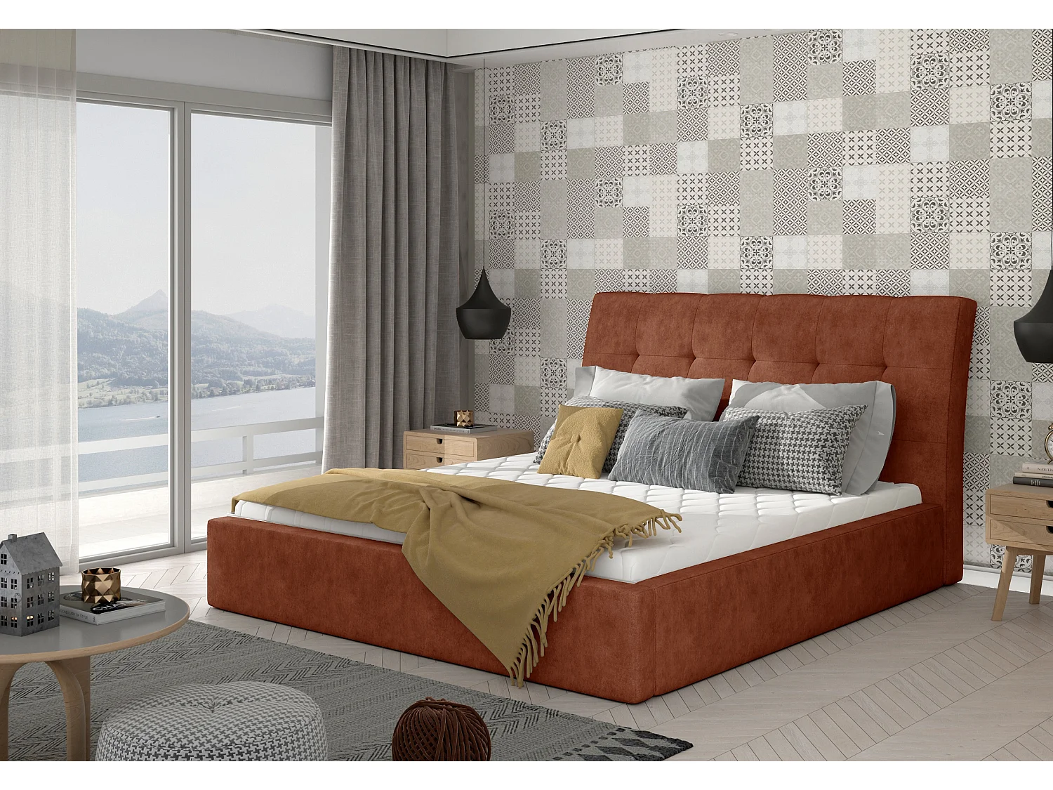 Lit double capitonné tissu rouge brique Klein - 4 tailles-160x200