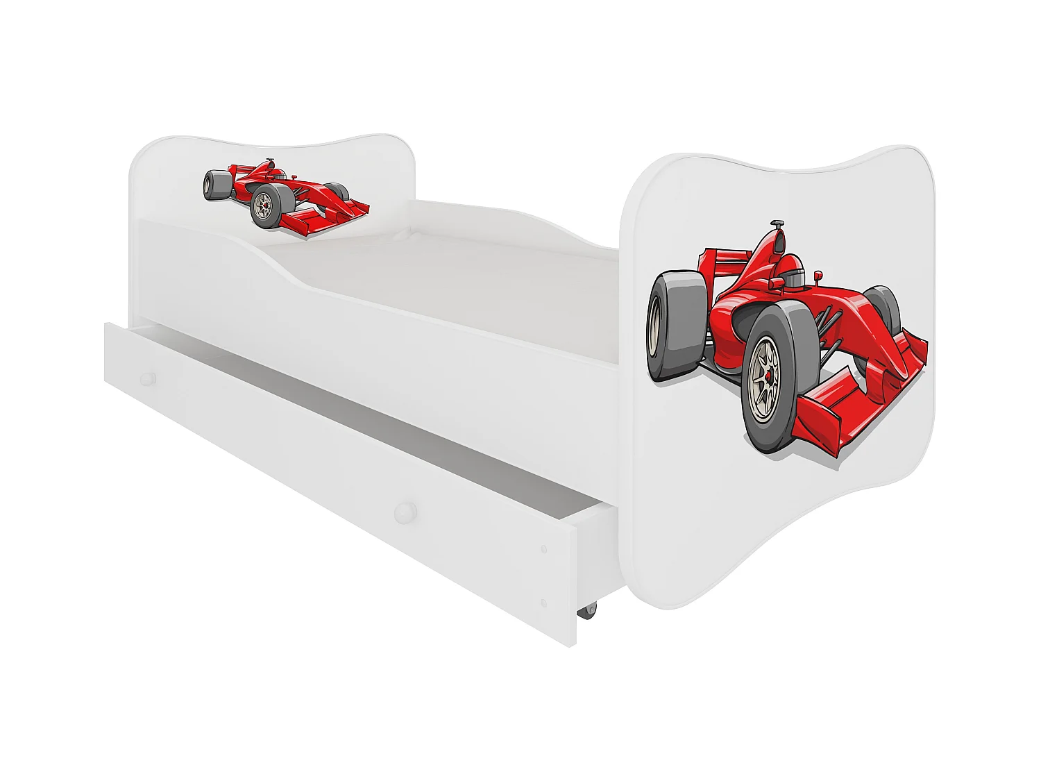 Lit enfant bois blanc à tiroirs avec imprimé voiture de course rouge - Sommier et matelas inclus - Ondula-80x160
