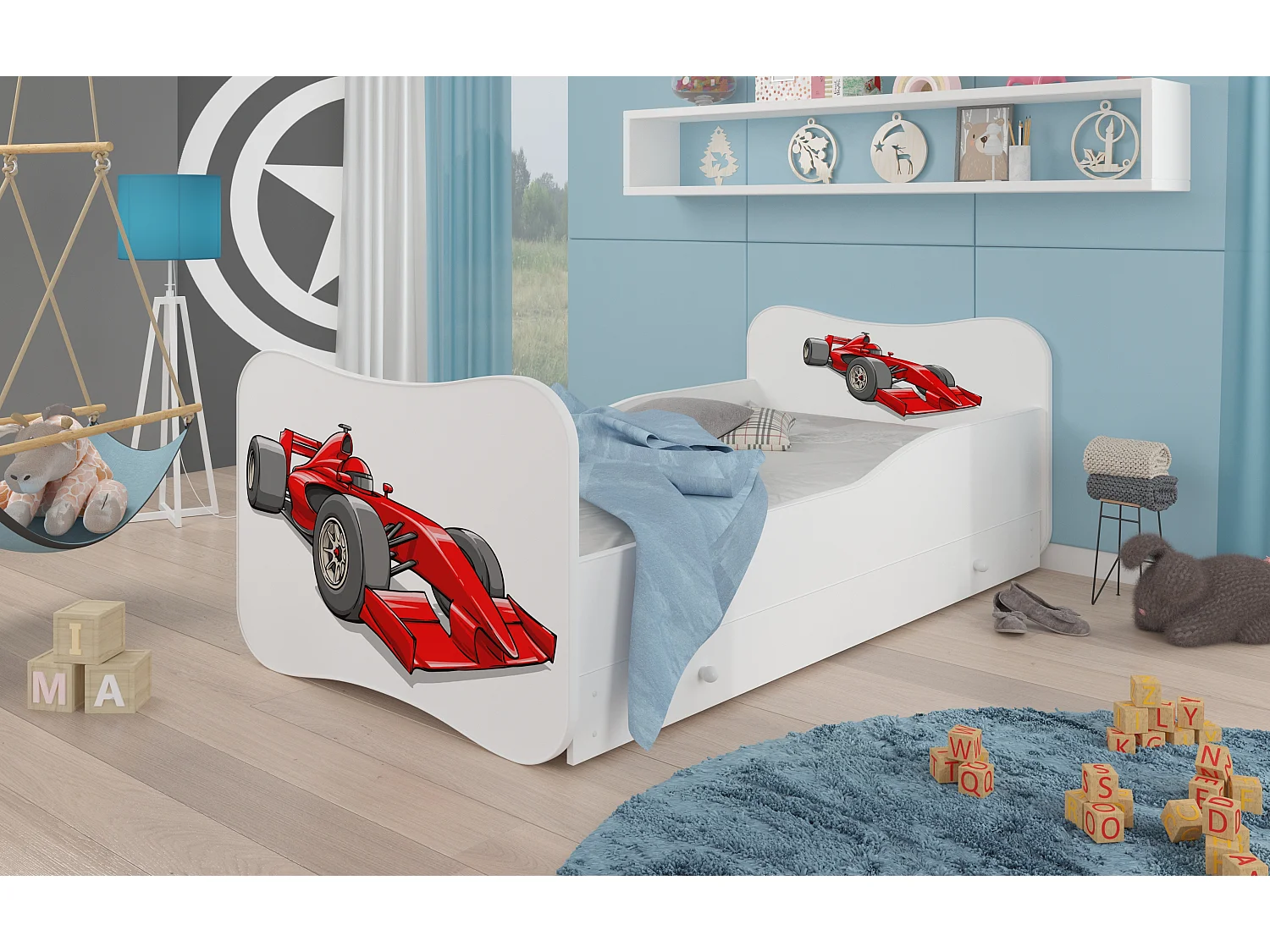 Wit houten kinderbed met lades met rode raceauto print 70x140 of 80x160 cm - Inclusief boxspring en matras - Ondula-Slapen 80x160cm