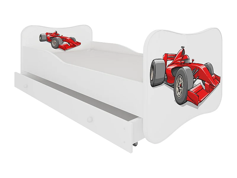 Lit enfant bois blanc à tiroirs avec imprimé voiture de course rouge - Sommier et matelas inclus - Ondula-80x160