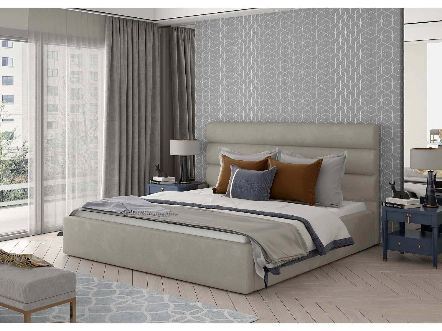 Lit design velours beige Klarina - 4 tailles-180x200