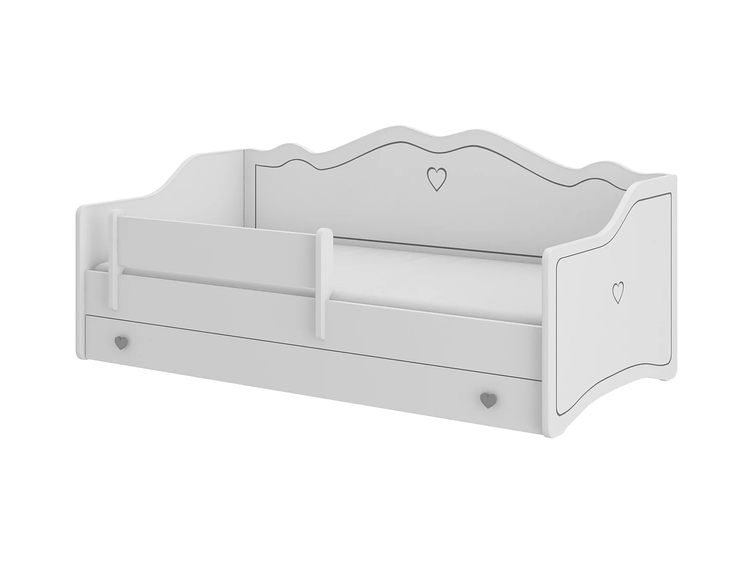 Lit enfant avec tiroirs de rangement bois blanc 80x160 petit coeur gris Kelly