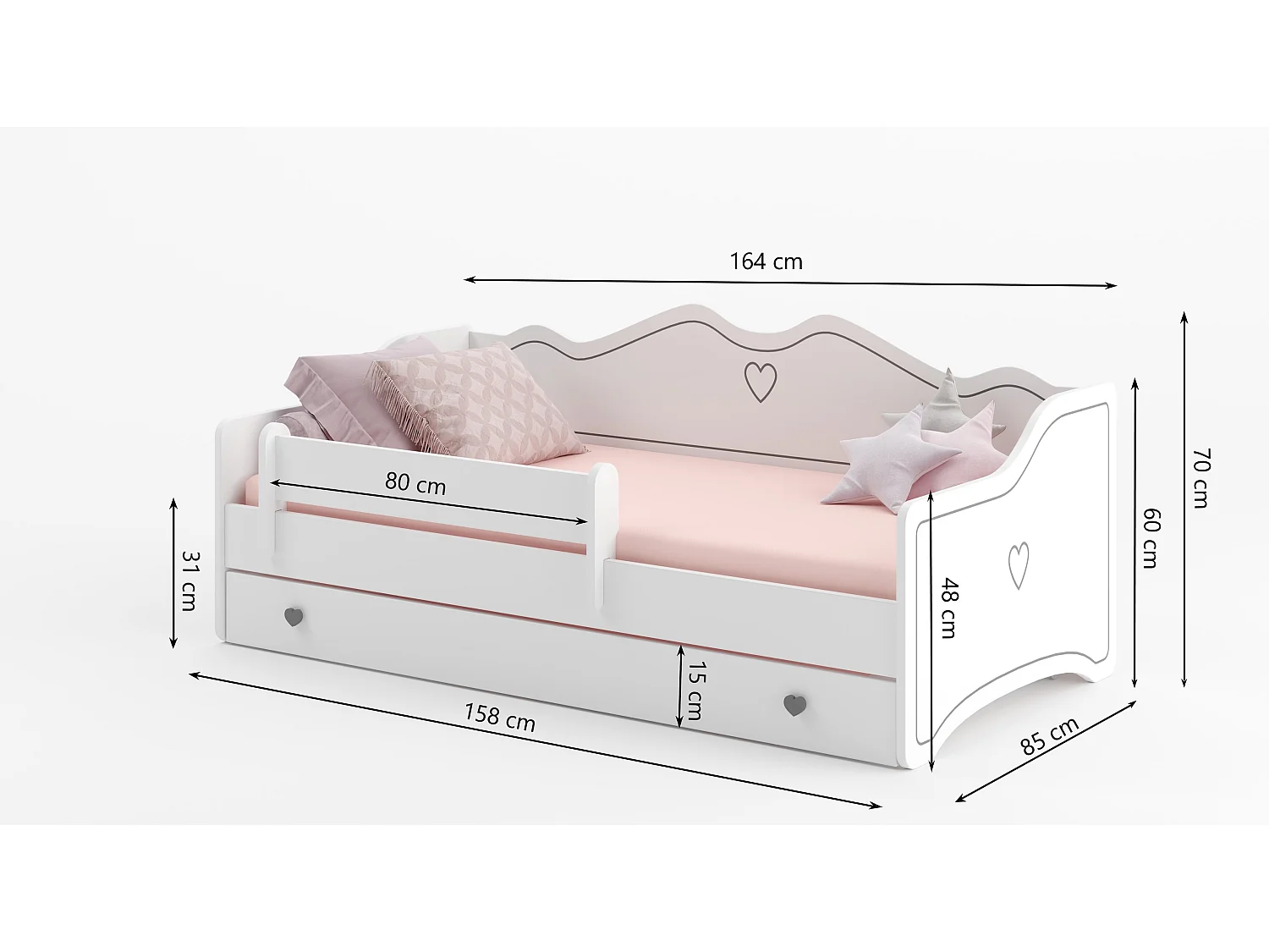 Kinderbed met witte houten opberglades 80x160 cm klein grijs hart Kelly