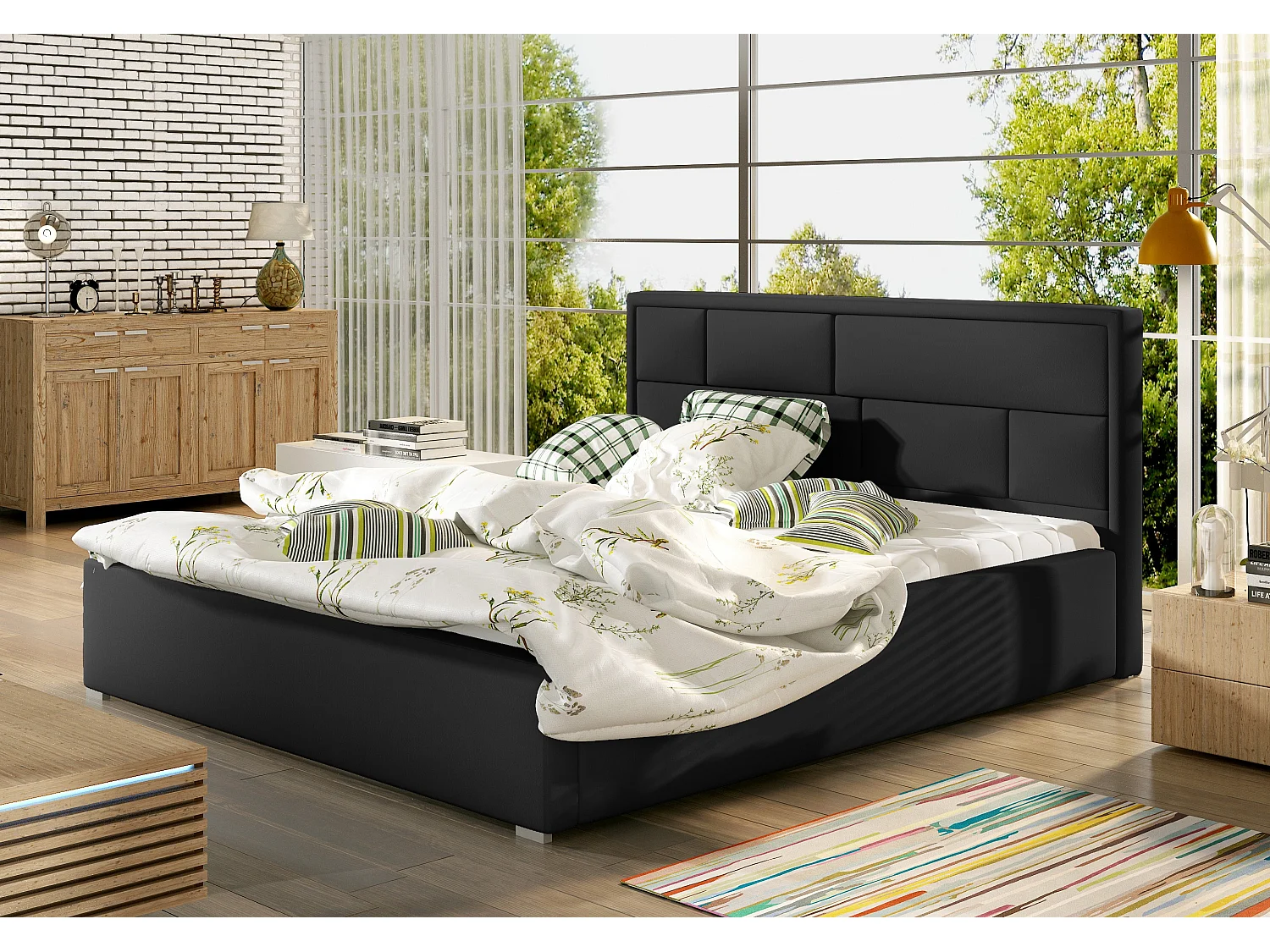 Lit double simili cuir noir tête de lit capitonnée Lenzo - 4 tailles-160x200