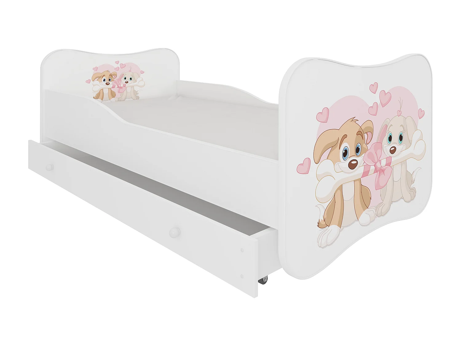 Lit enfant bois blanc à tiroirs avec imprimé chiens amoureux - Sommier et matelas inclus - Ondula-70x140