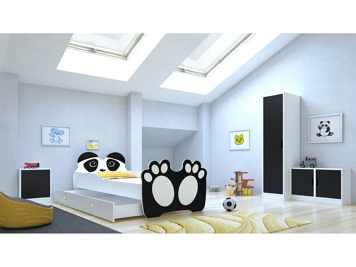 Lit enfant avec motif petit panda 70x140 ou 80x160 - Matelas inclus - Tiroir de rangement-70x140-Tiroirs Avec tiroir