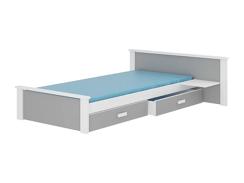 Lit bois pin blanc et bois gris clair 90x200 avec 1 chevet et 2 tiroirs de rangement Lydia