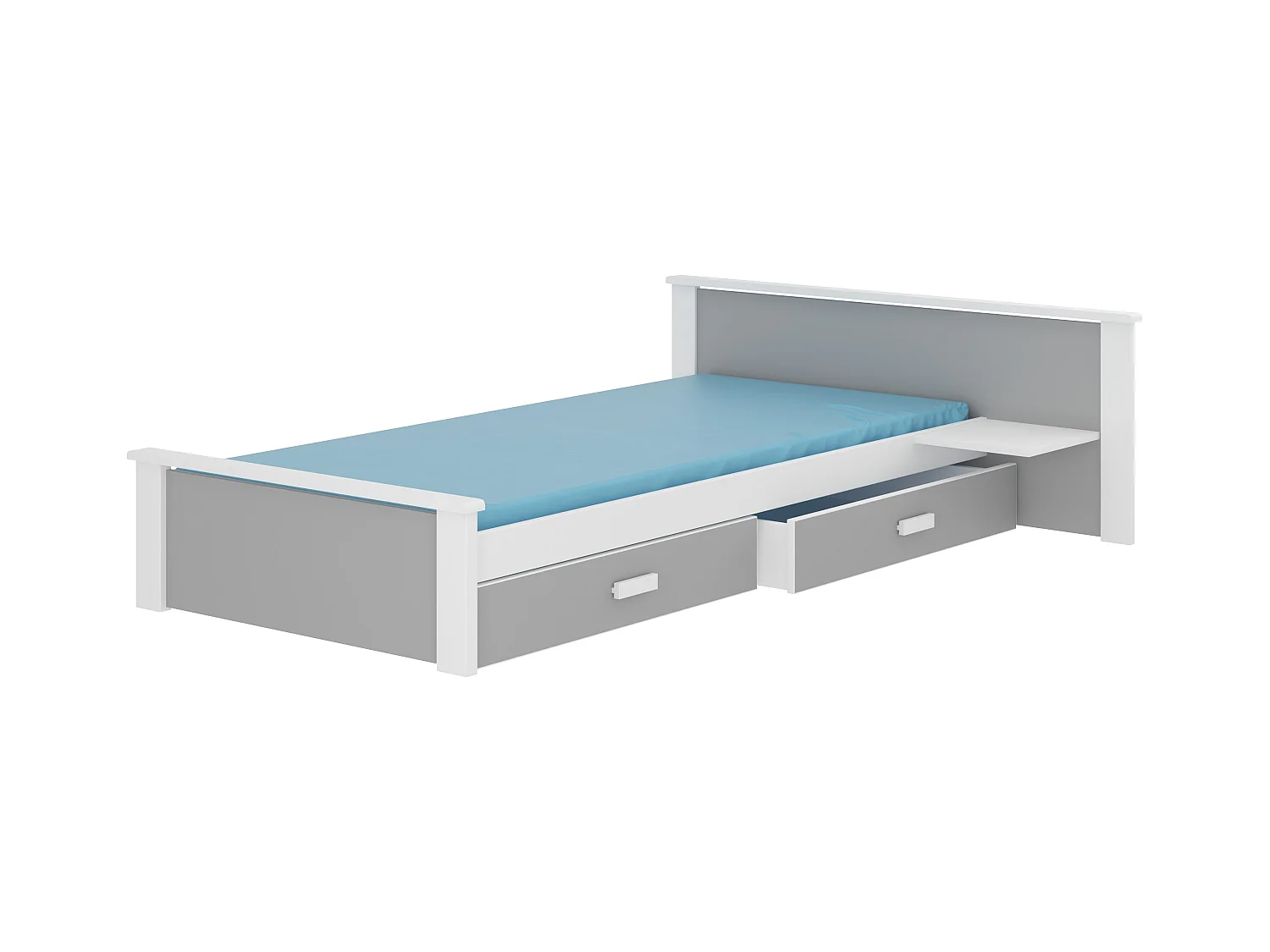 Lit bois pin blanc et bois gris clair 90x200 avec 1 chevet et 2 tiroirs de rangement Lydia