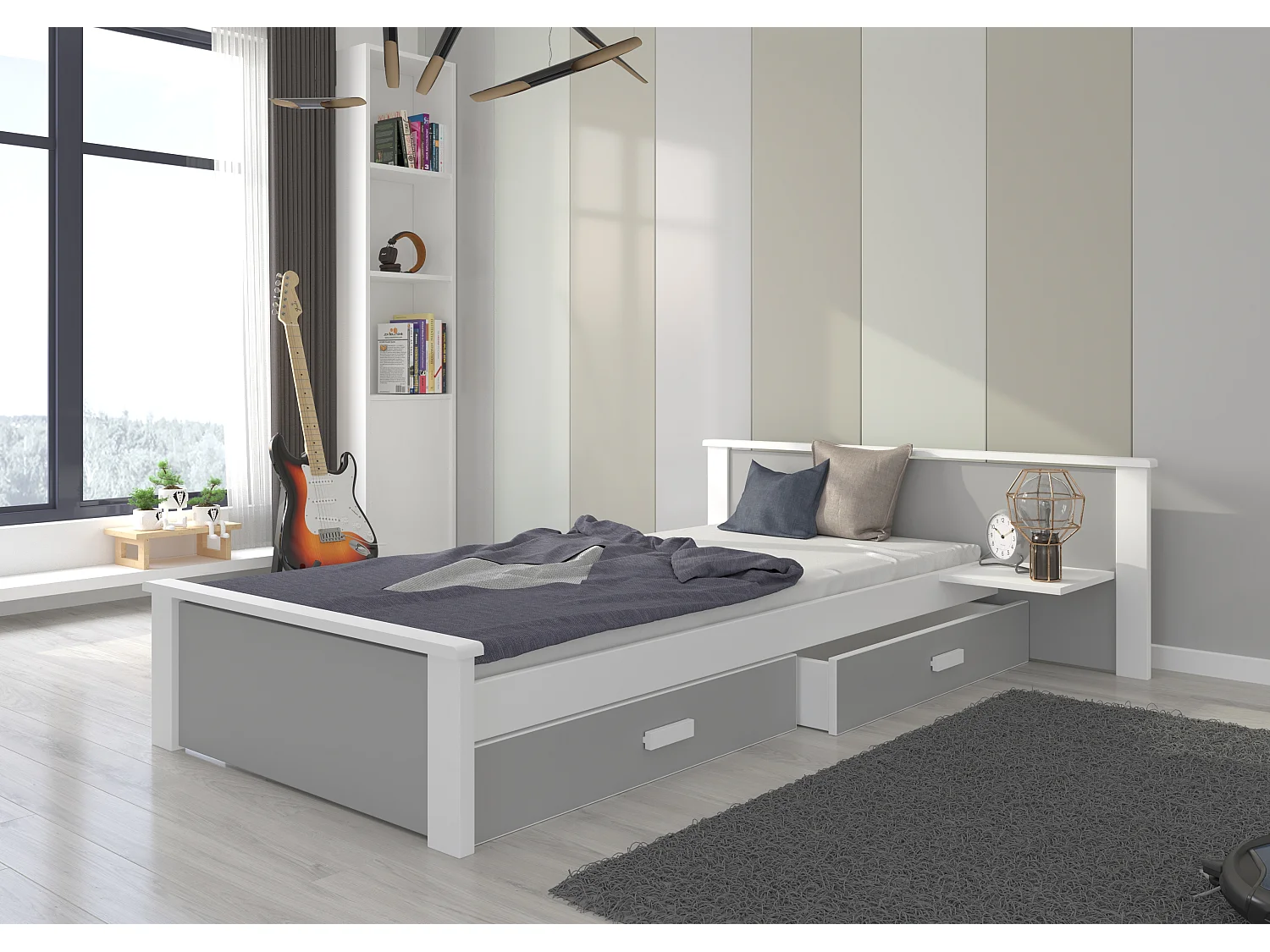 Lit bois pin blanc et bois gris clair 90x200 avec 1 chevet et 2 tiroirs de rangement Lydia