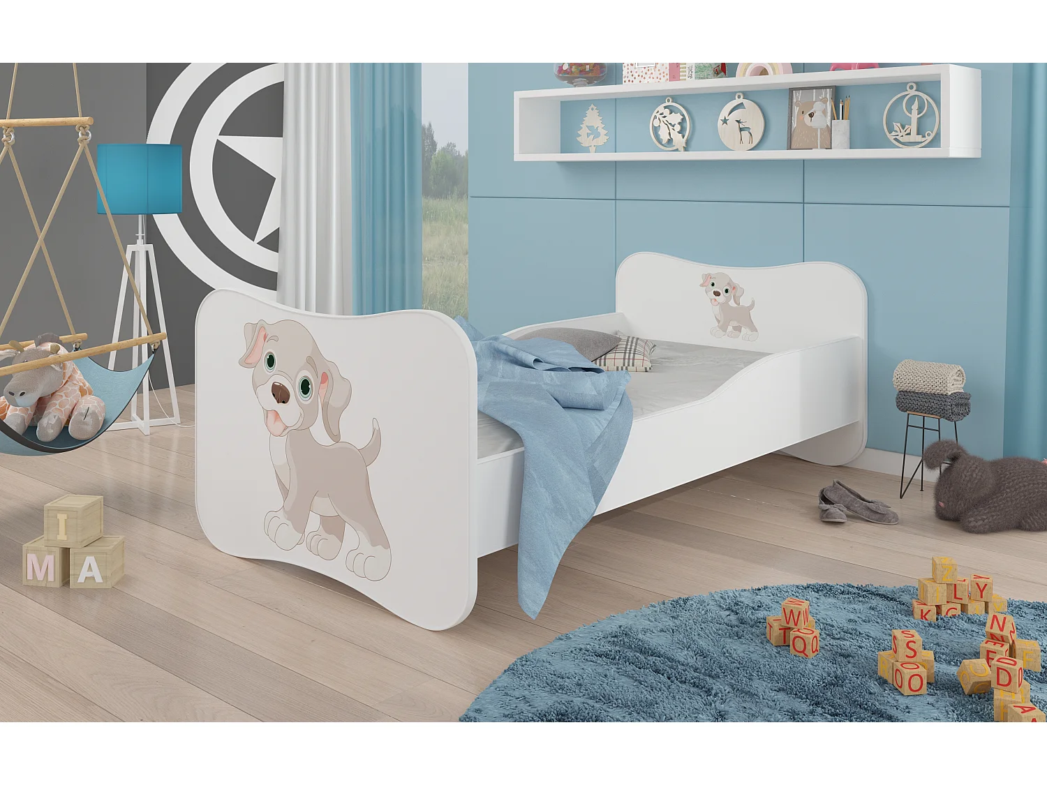 Lit enfant bois blanc imprimé petit chien 70x140 ou 80x160 - Sommier et matelas inclus - Ondula-80x160
