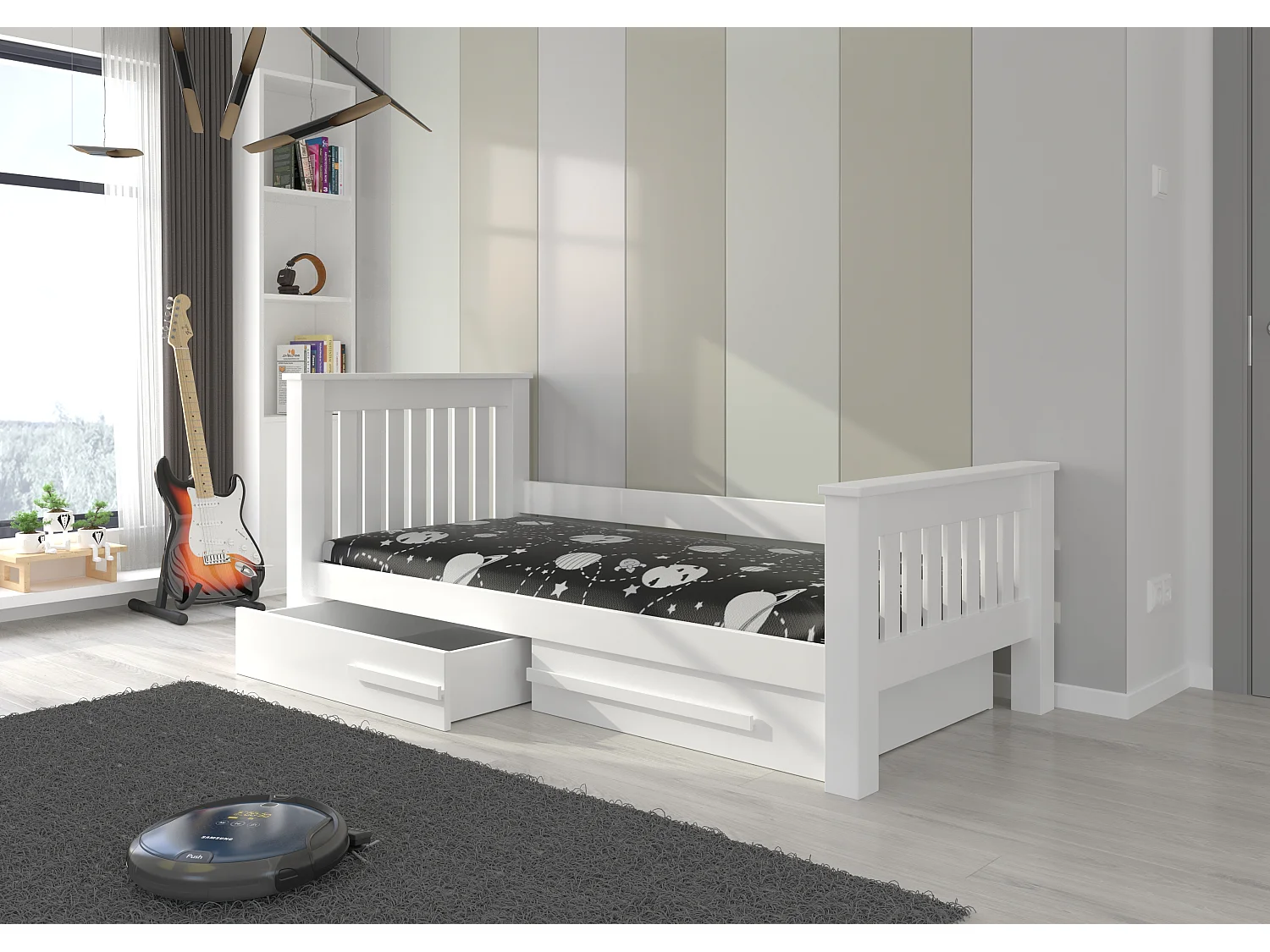 Lit enfant bois pin blanc 90x200 avec 2 tiroirs de rangement Rallye