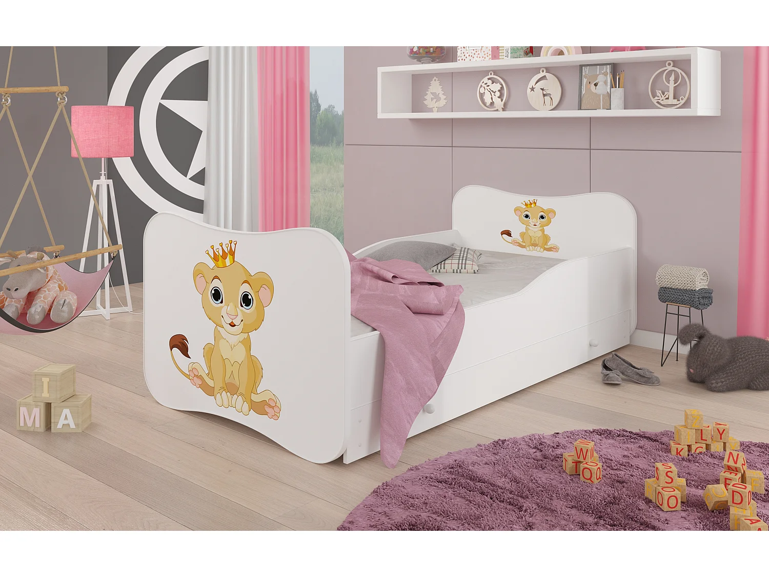 Lit enfant bois blanc à tiroirs avec imprimé petit roi lion 70x140 ou 80x160 - Sommier et matelas inclus - Ondula-70x140