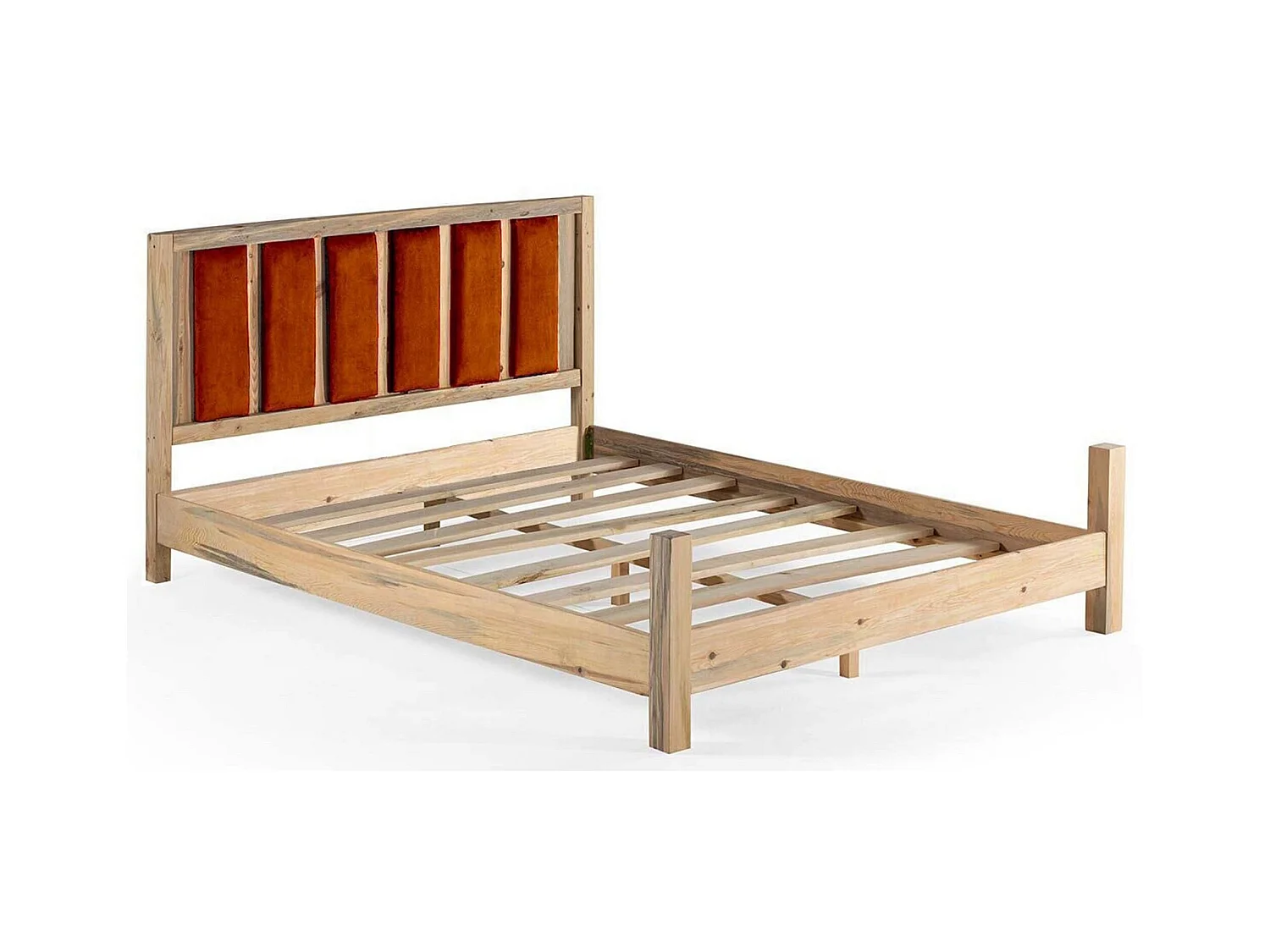 Lit en bois massif clair avec tête de lit tissu doux Mirenda - 7 tailles-Couleur Orange-90x190