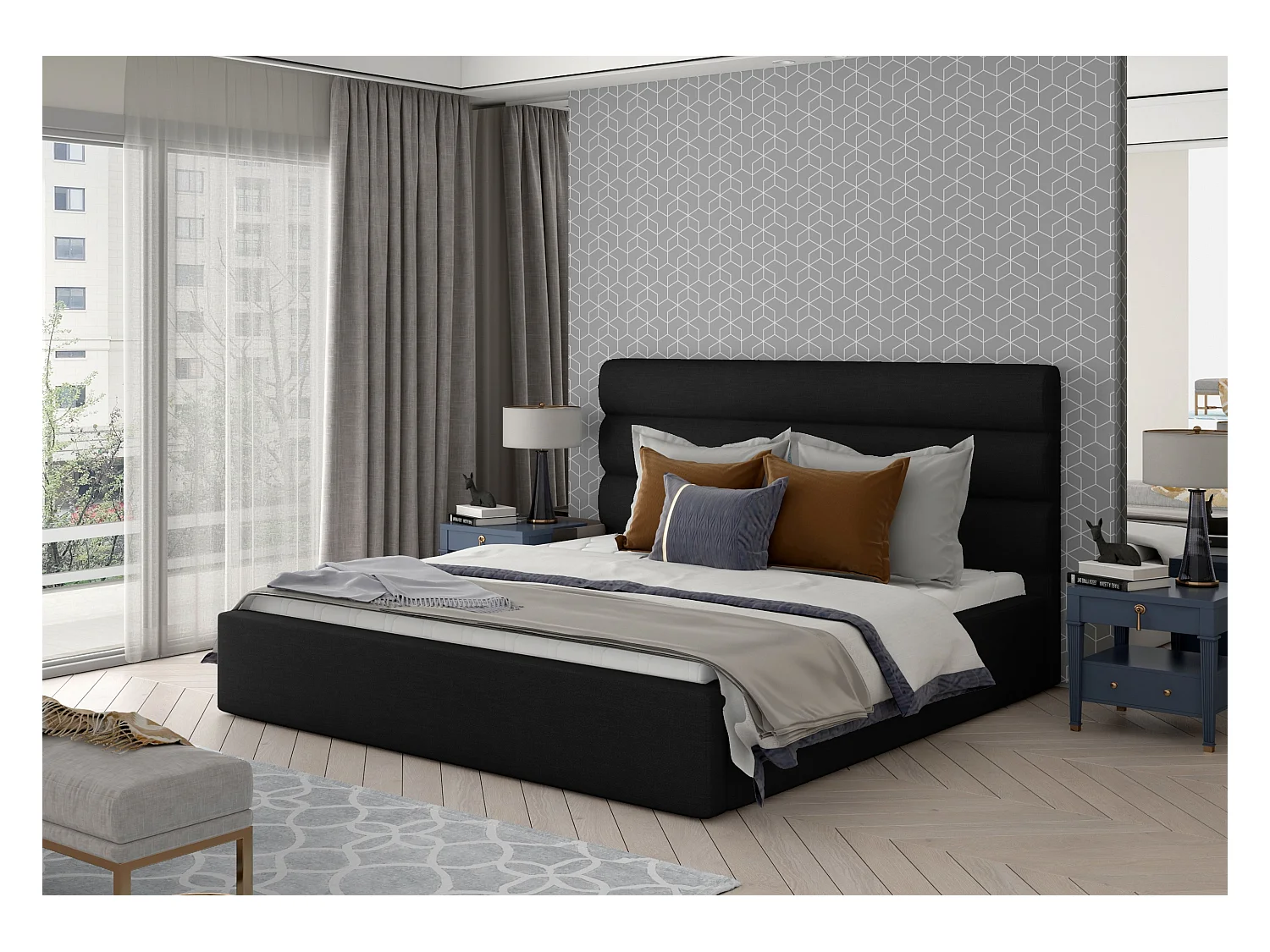 Tweepersoonsbed met Klarina boxspring - Gestoffeerde stof-Kleur Zwart-Slapen 160x200cm