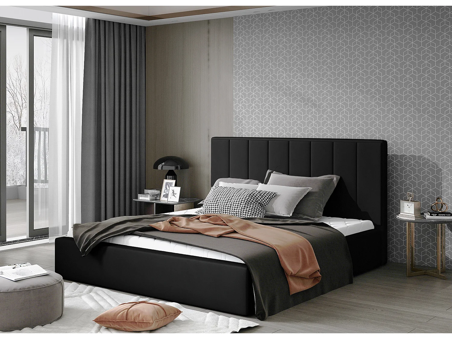 Lit rembourré de luxe cuir synthétique Vareze-Couleur Noir-180x200-Version avec sommier