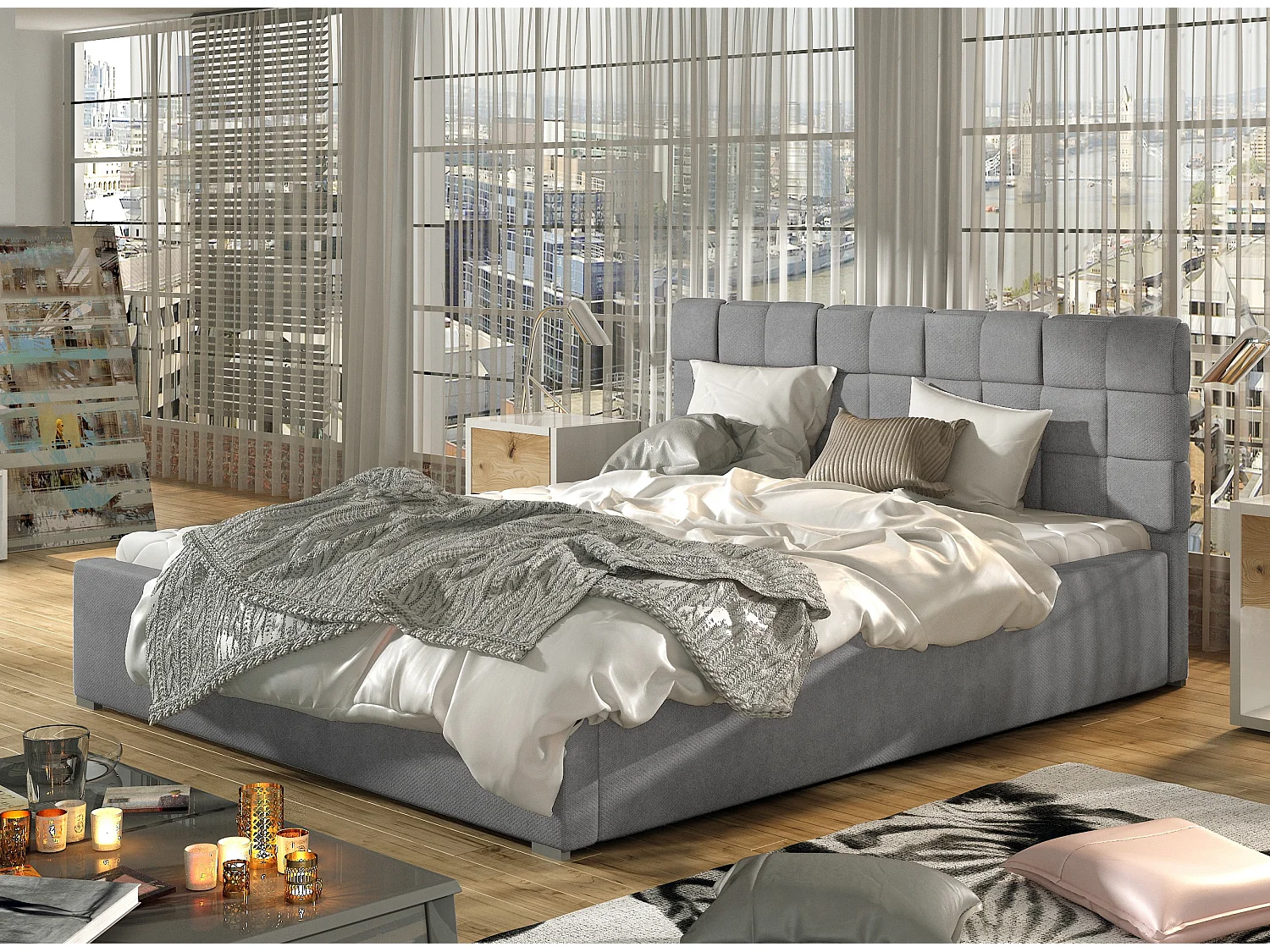 Tweepersoonsbed met Kanda boxspring – Gewatteerd fluweel-Kleur Grijs-Slapen 180x200cm