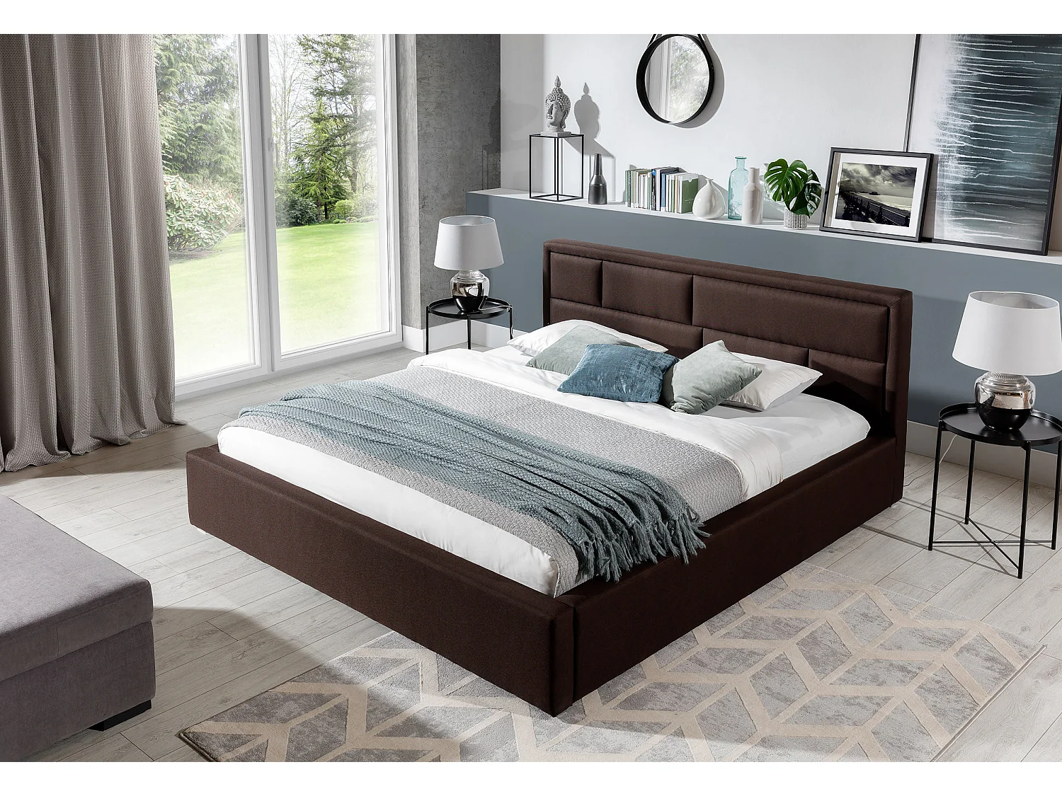 Lit double tissu marron tête de lit capitonnée Lenzo - 4 tailles-180x200