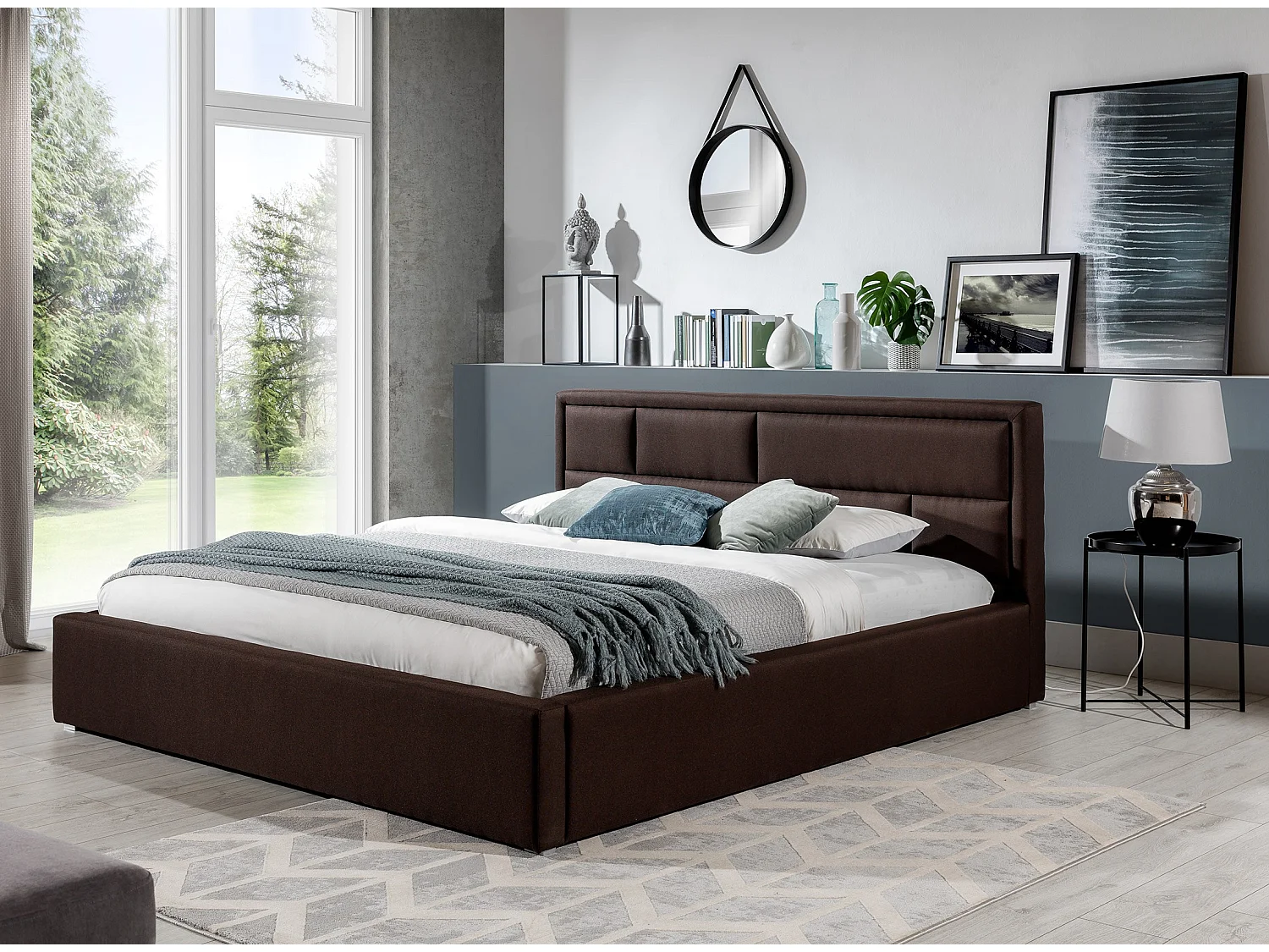 Lit double tissu marron tête de lit capitonnée Lenzo - 4 tailles-160x200