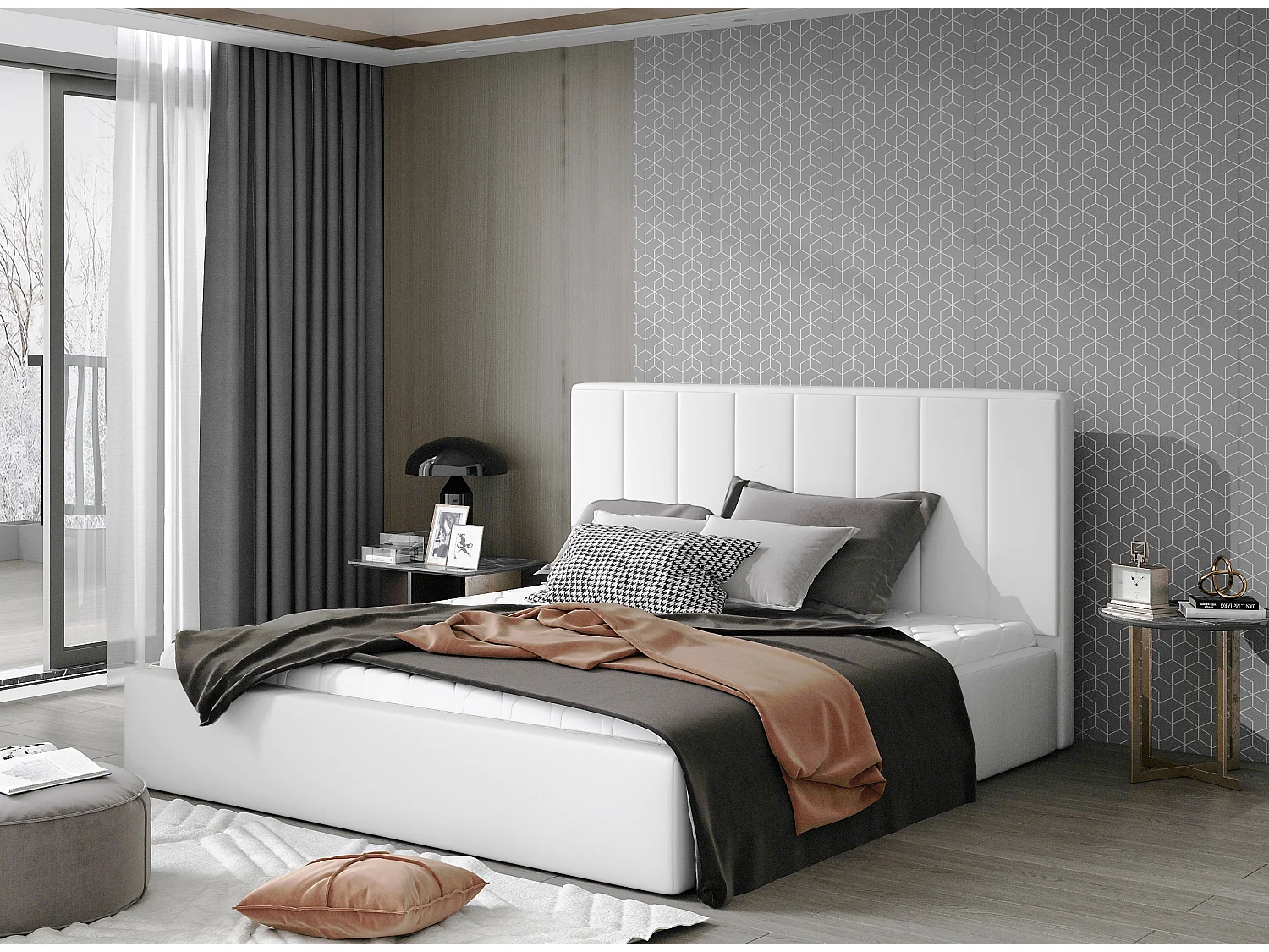 Lit rembourré de luxe cuir synthétique Vareze-Couleur Blanc-200x200-Version avec sommier