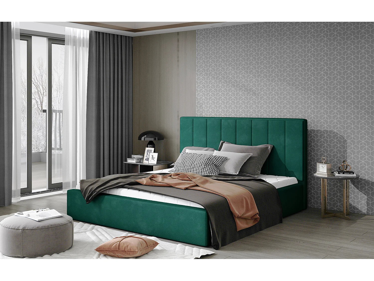 Lit adulte avec coffre de rangement Vareza – Velours matelassé-Vert-200x200